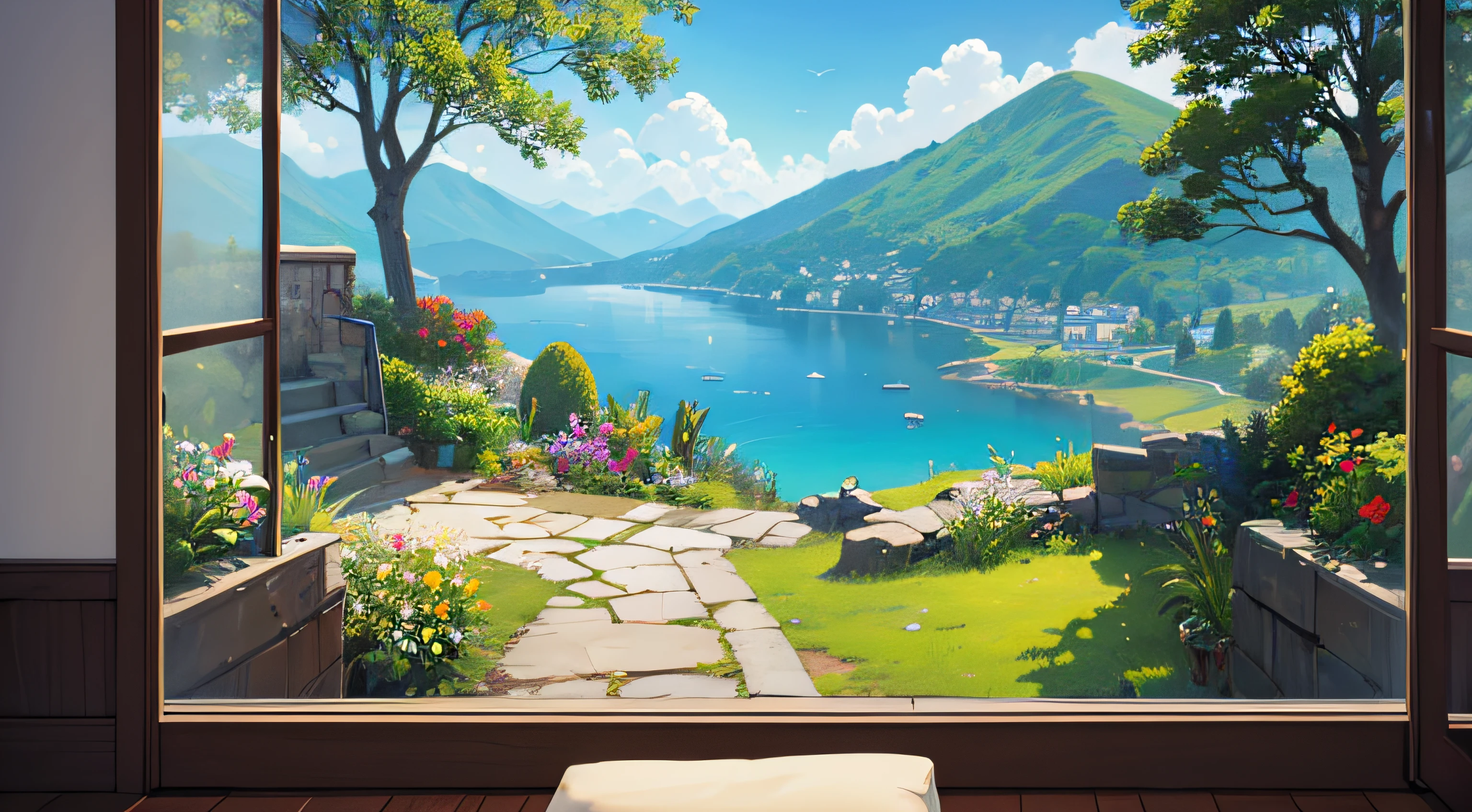 ((best quality)), ((masterpiece)), (detailed), YouTube banner, scenery, scenery from a window in a room, blue sky, tree, few houses, journey, landscape view