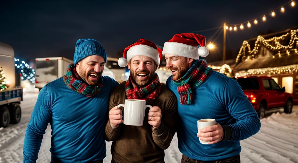 blue t-shirts, Many men, big trucks in background, truck drivers, celebrating Christmas, joyful expressions, flickering lights, winter hats and scarves, carrying gifts, exchanging laughter, holiday spirit, warm beverages, steaming mugs,