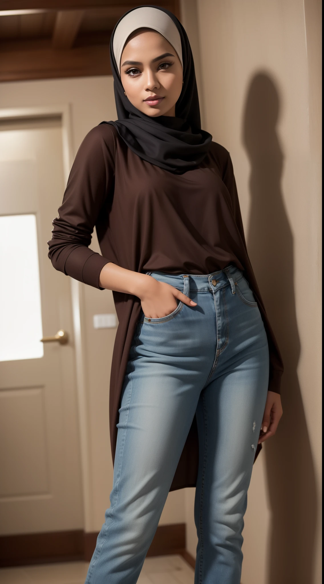 RAW, Best quality, high resolution, masterpiece: 1.3), beautiful Malay woman in hijab (iu:0.8)1beautiful Malay woman,beautiful face, watery eyes, perfect lips, big eyes, woman in brown shirt and blue jeans walking down a hallway , wearing a jacket around the waist, wearing casual clothes, white hijab, casual clothing style, wearing elegant casual clothes, wearing beautiful clothes, casual pose, with beautiful appearance, modern casual clothes, simple clothes, modern casual clothes, simple style, narrow waist , tight thighs, wearing jeans, wearing a blouse
