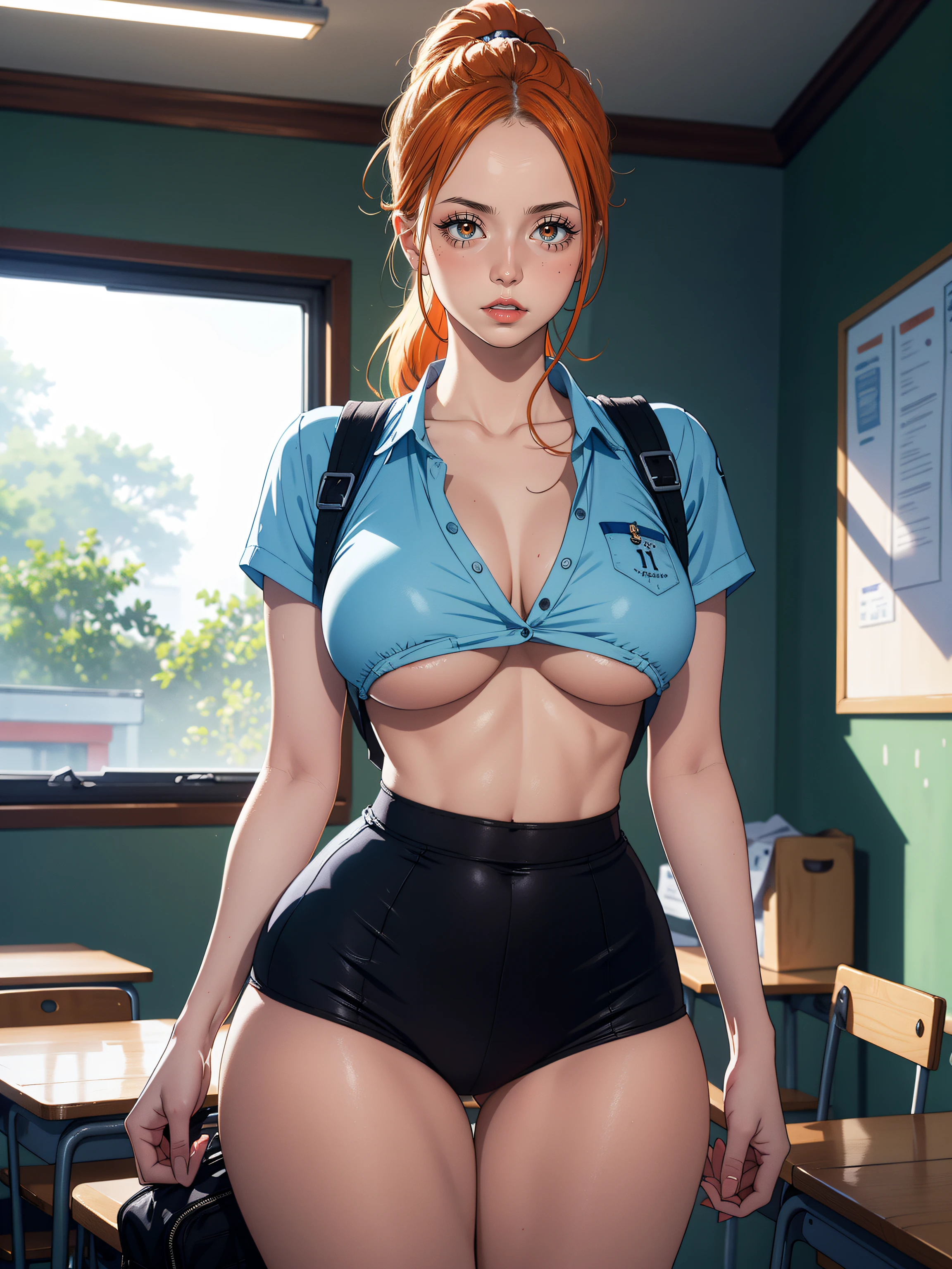 best quality,8k,highres,ultra-detailed,realistic,photorealistic:1.37, vibrant colors, soft lighting, HDR, bokeh.1woman, long orange hair, ponytail, parted lips, blush, makeup, provoking, navel, underboob, school uniform, classroom, school bag, light rays, glow, thighs, collarbone, narrow waist, (masterpiece), wallpaper,
