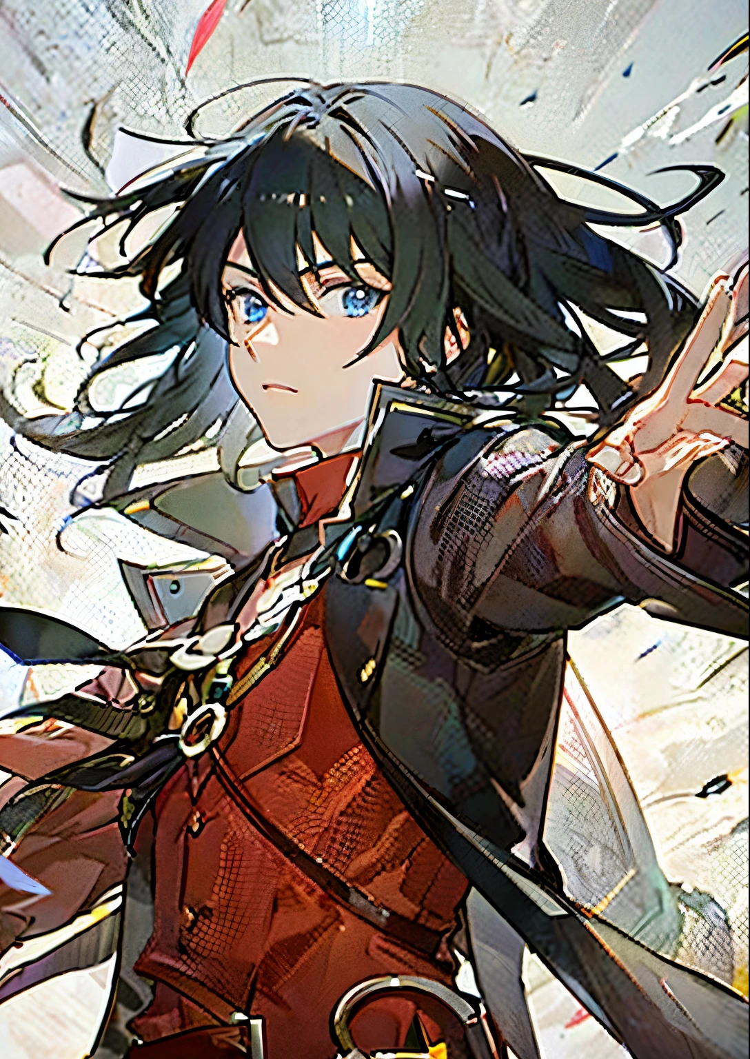 Anime character with black hair, blue eyes and red clothes staring at the camera, The handsome guy who kills demons, Popular topics on cgstation, redline anime movie style, Anime Stills Anime Style, anime opening, en, author：heroes, Digital anime illustration,affectionate，Antique male protagonist