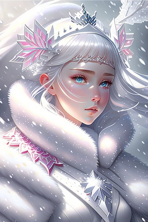 accurate drawing, snow blizzard snowstorm aura, female, body perfect, sunlight, shaved open pubis, haircut white hairs, a lot of snowflakes, in the snow ice crystalls, super detailed, anatomically correct, masterpiece symmetrical composition, face perfect cute woman sweet beautifull, wearing white fur cloak, thick white vapor fog smoke clouds wind, white skin, bright pink cheek blush, front view, fullbody, snowflakes crown, wearing crystal transparent