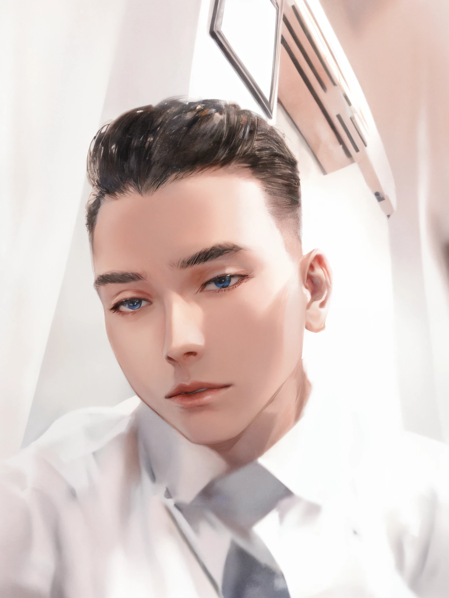 masterpiece, highest quality, solo , (perfect face:1.1), (high detail:1.1), (1guy), pale skin, white eyes, Otto Seppalainen, solo, long hair, white luxury suit, covered navel, volumetric lighting, detailed eyes, cinematic lighting, hyper detailed, intricately detailed, overwhelmingly pixel perfect, roses, fashion, seductive pose, on side BalenciagaStyle