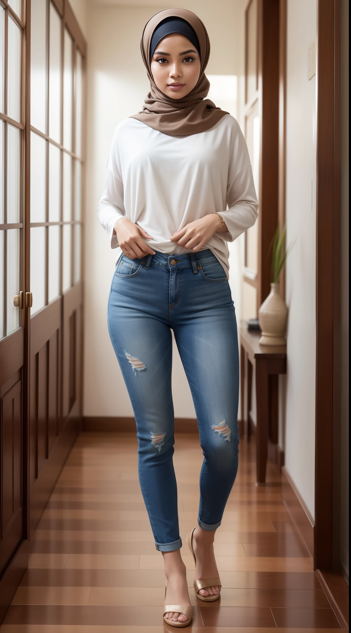RAW, Best quality, high resolution, masterpiece: 1.3), beautiful Malay woman in hijab (iu:0.8)1beautiful Malay woman,beautiful face, watery eyes, perfect lips, big eyes, big breast, woman in brown shirt and blue jeans walking down a hallway , wearing a jacket around the waist, wearing casual clothes, white hijab, casual clothing style, wearing elegant casual clothes, wearing beautiful clothes, casual pose, with beautiful appearance, modern casual clothes, simple clothes, modern casual clothes, simple style, narrow waist , tight thighs, wearing jeans, wearing a blouse