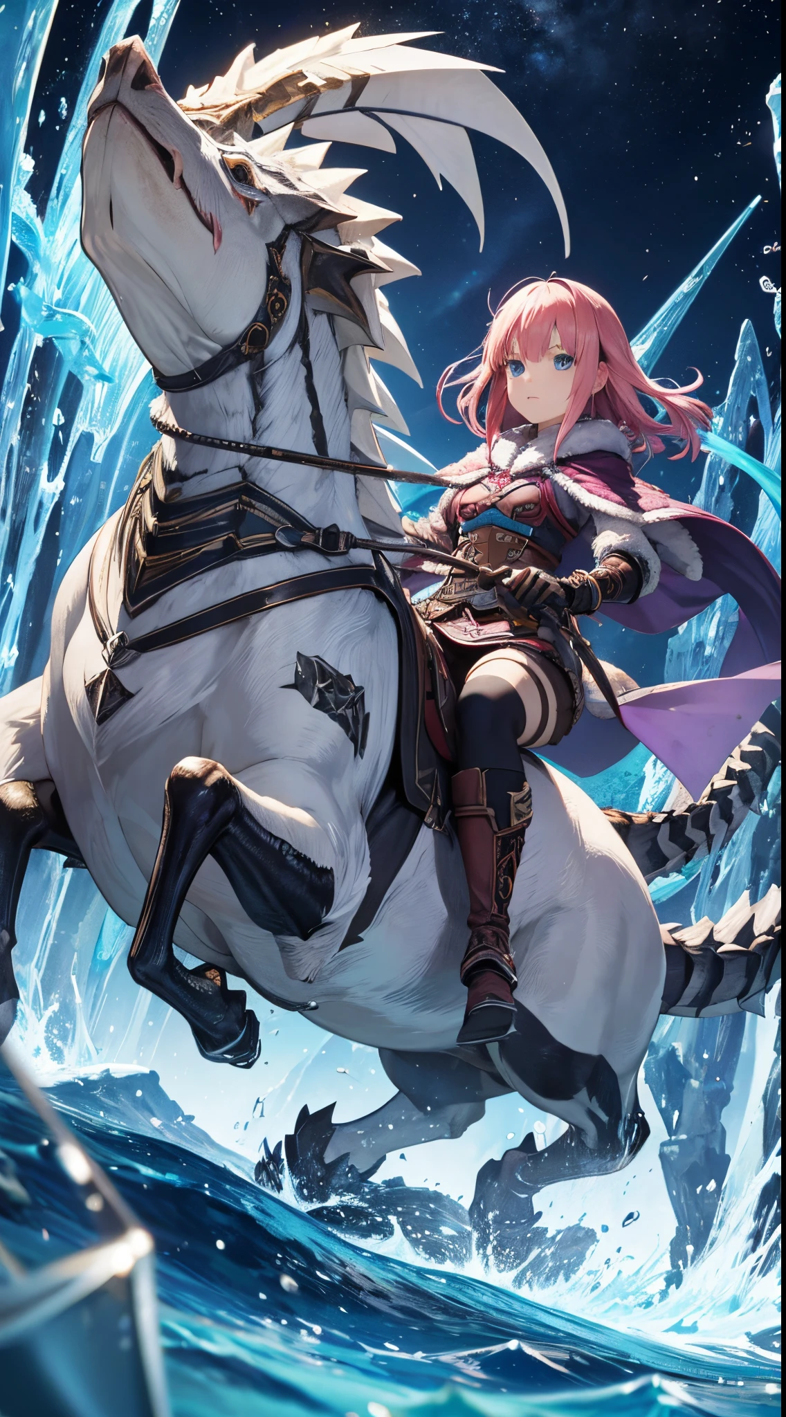 Nino Nakano, armadura abrigada de monster hunter,lago de hielo noche