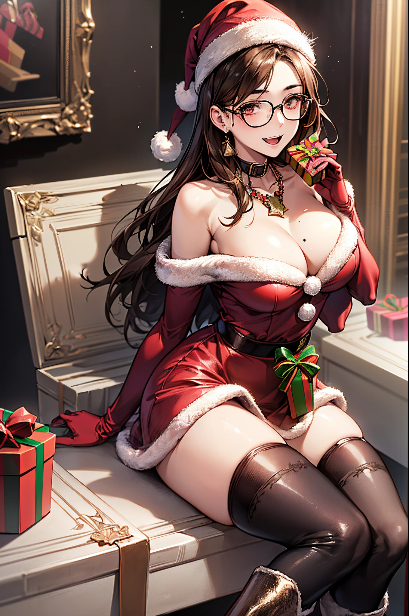 ((((perfect anatomy, super detailed skin)))), 1 girl, japanese, , shiny skin, large breasts:0.5, watching the view,
beautiful hair, beautiful face, beautiful detailed eyes, (middle hair:1.4), brown hair, brown eyes,
beautiful clavicle, beautiful body, beautiful chest, beautiful thigh, beautiful legs, babyface, mole under eye,
((symmetrical clothing, metallic red santa claus hat, metallic red off shoulder santa claus mini dress, metallic red fur gloves, white fur metallic red middle boots), black-rimmed glasses, , christmas necklace), seductive boobs, seductive thighs, perfect body, gorgeous faces,
(smile, open mouth), sitting floor, ((holding a gift box:1.5, hold out the gift box:1.5)),
(beautiful scenery), indoors, (christmas tree),
(8k, top-quality, masterpiece:1.2, extremely detailed), (photorealistic), beautiful illustration, cinematic lighting,