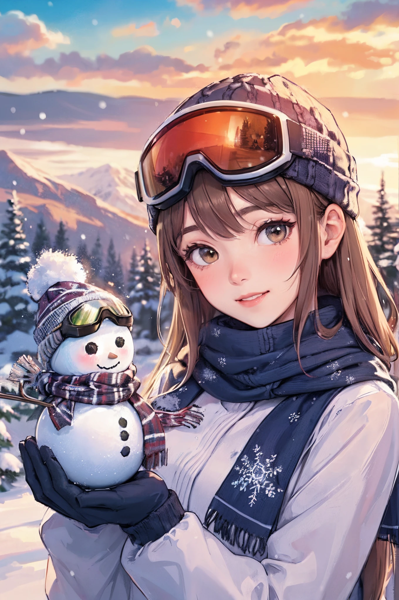 1lady standing, (ski wear, goggle) knit cap, /(stylish outfit/), mature female, /(light brown hair/) bangs, blush kind smile, (masterpiece best quality:1.2) delicate illustration ultra-detailed, large breast BREAK (holding a small snowman adorned with tiny ski goggles and a scarf ) BREAK (snow falling around her:1.2), ski resort outdoors
