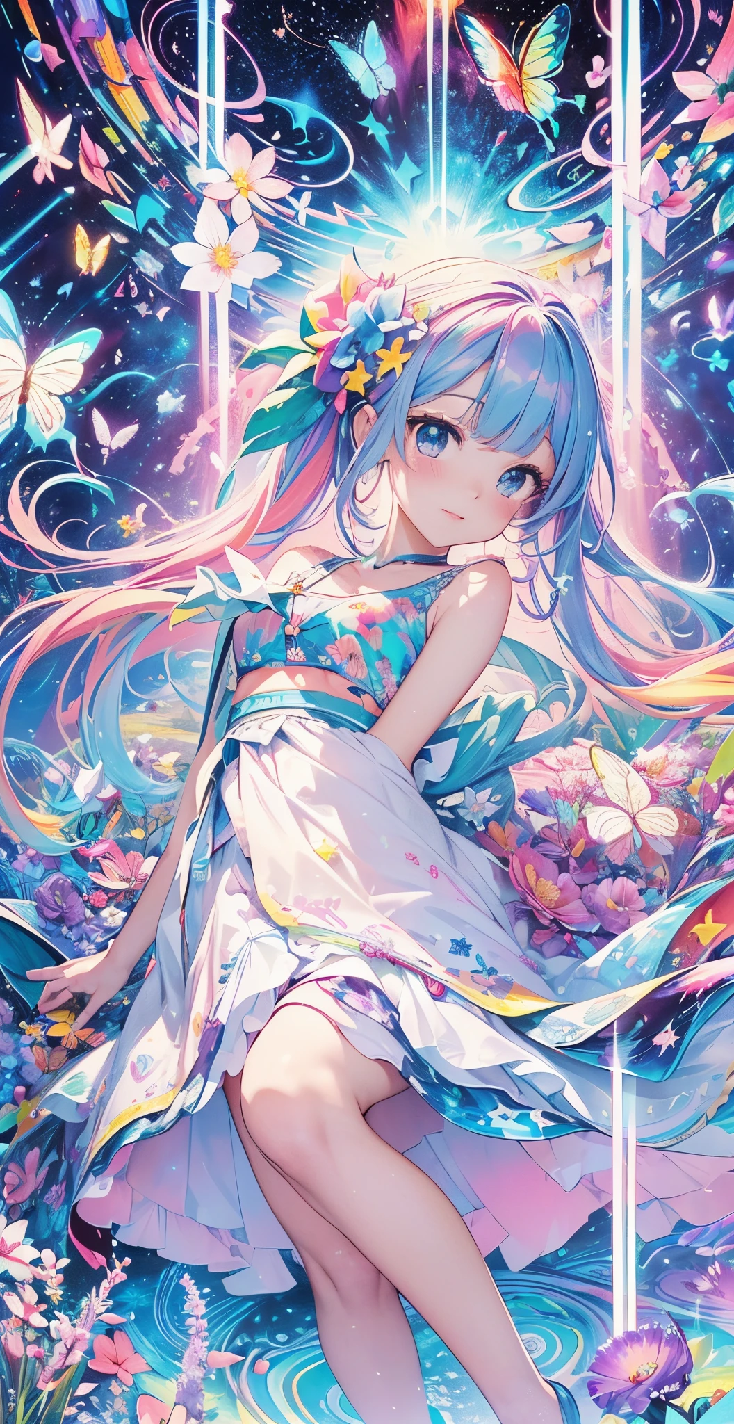 Melody Mark,top-quality、masutepiece、1womanl、独奏、(abstract  art:1.6),(Psychedelia Theme:1.6),(Gunjo World:1.5),(Marine:1.5),(Blue World:1.5),(At the center of the world is the most beautiful woman in the world),(many stars are falling:1.3),A ray of light spreads,Crystals spreading from the center,prisma(Nostalgic landscapes:1.5),(colorful flower:1.3),Garden Girl,gentle sunlight,Soft breeze,Delicate flowers,A rainbow-colored butterfly flaps its wings,Mesmerizing natural beauty,Fragments of Shining Stars,ice crystal,