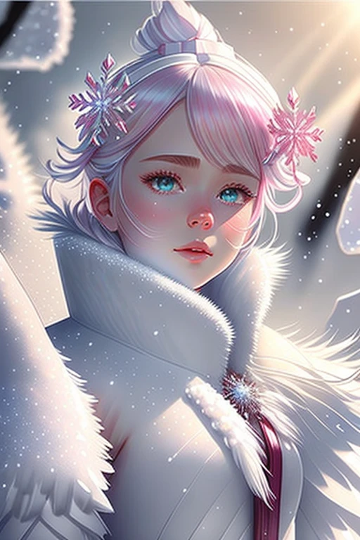 accurate drawing, snow blizzard snowstorm aura, female, fullbody, body perfect, sunlight, shaved open pubis, haircut white hairs, a lot of snowflakes, in the snow ice crystalls, super detailed, anatomically correct, masterpiece symmetrical composition, face perfect cute woman sweet beautifull, wearing white fur cloak, thick white vapor fog smoke clouds wind, white skin, bright pink cheek blush, front view, snowflakes crown, wearing crystal transparent