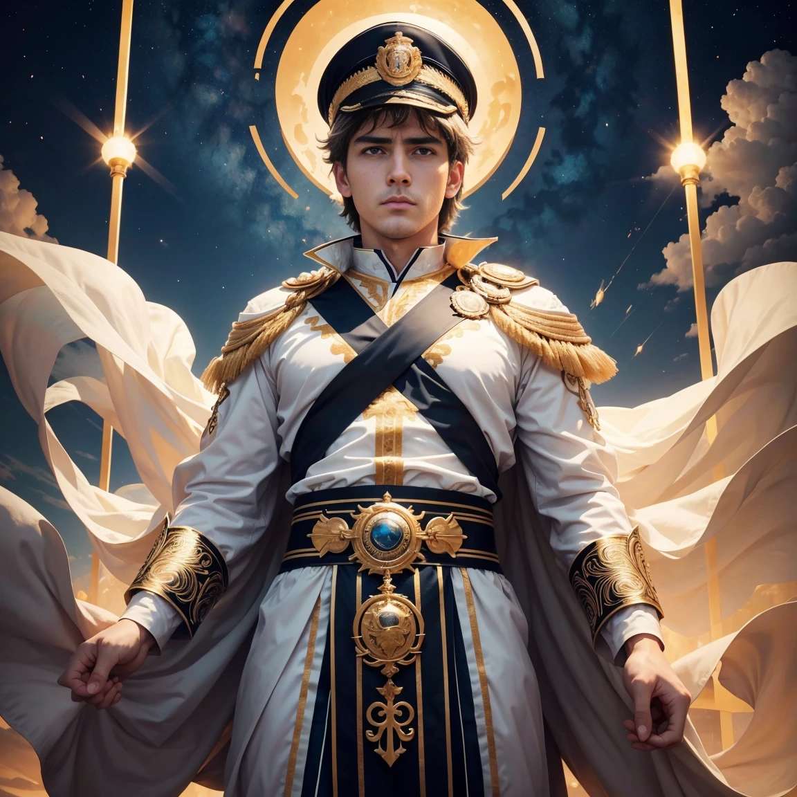 Roman Emperor Constantine the Great。Adults。1 male。Calm and serious expression。calm and authoritative。forceful。Late Roman Empire。late roman costume。has eyes like a lion。thick neck。broad shoulder。It's peaceful but、Be ruthless when necessary。Magnificent。clear sky。white clouds。golden cross。masterpiece。top-quality。Ultrarealistic。vivid。detaileds。exquisite。Super beautiful。Cinematic。Super visual beauty。