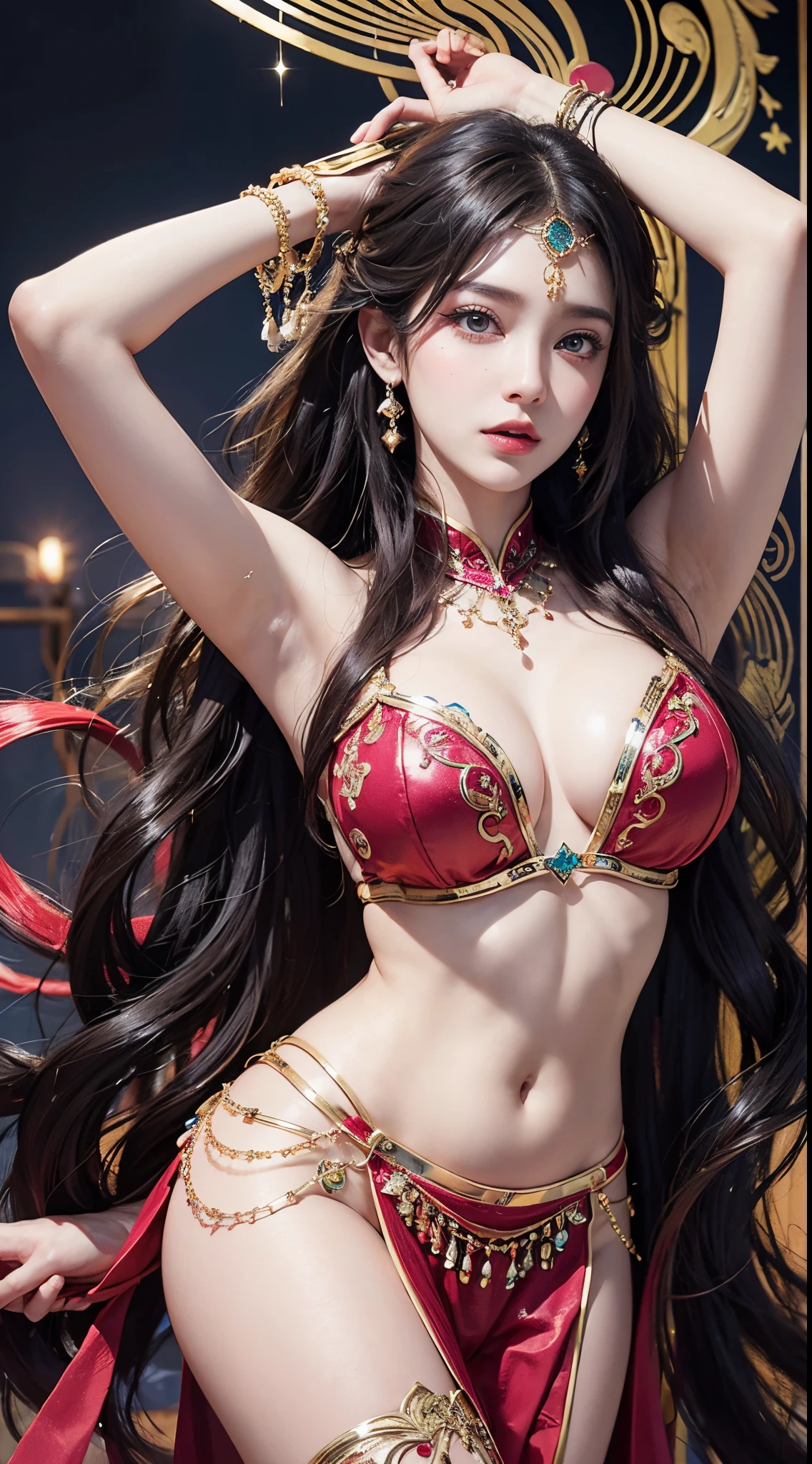 belly dancer、About 20 years old、1 female、Sparkling costumes with red and pink as the main colors、pasties、cabelos preto e longos、Beautiful face、A detailed face、Beautiful woman with well-formed eyes and nose、beauty dancer、slenderbody、Extraordinary beauty、Sexy costume、Belly Dance Costumes、belly dance bar、Detailed eyes、realisticeyes、Beautiful makeup、8k picture、An ultra - realstic face、super realistic costume、An ultra-high picture quality、sexy mister. Tanaka、