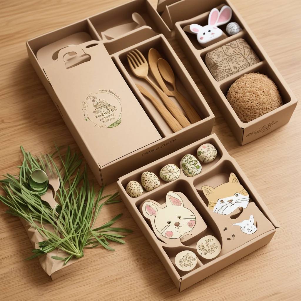 Mock up a reality Brown Carton BOX: rectangular shape, on the box is printed the logo name "FUCITEN", below is the sentence "BAMBOO PLATE", on the top of the carton box print a little cute bunny and fox and bee pattern with bamboo, eco, print in 4 colors, the pattern is drawn in kids style, chibi style, the box is used to pack children's utensils, so it is designed with patterns that attract children.