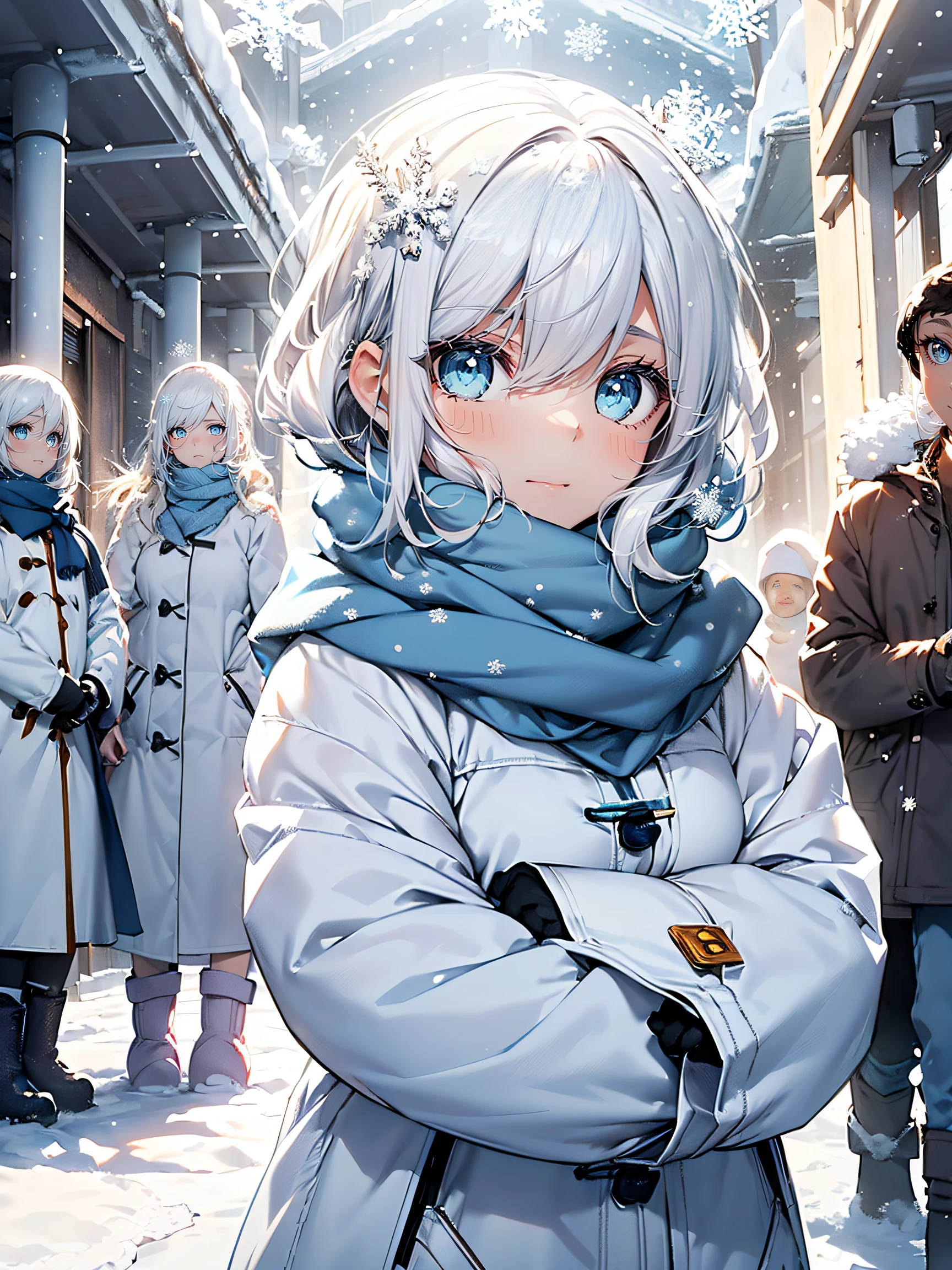 (Snow Girl:1.2), (snowflake white hair:1.4), ((Blue eyes, cold and beautiful):1.5), ((White coat, fluffy and warm):1.2), (blue scarf:1.3), (Snow boots:1.3), (snowman:1.2)