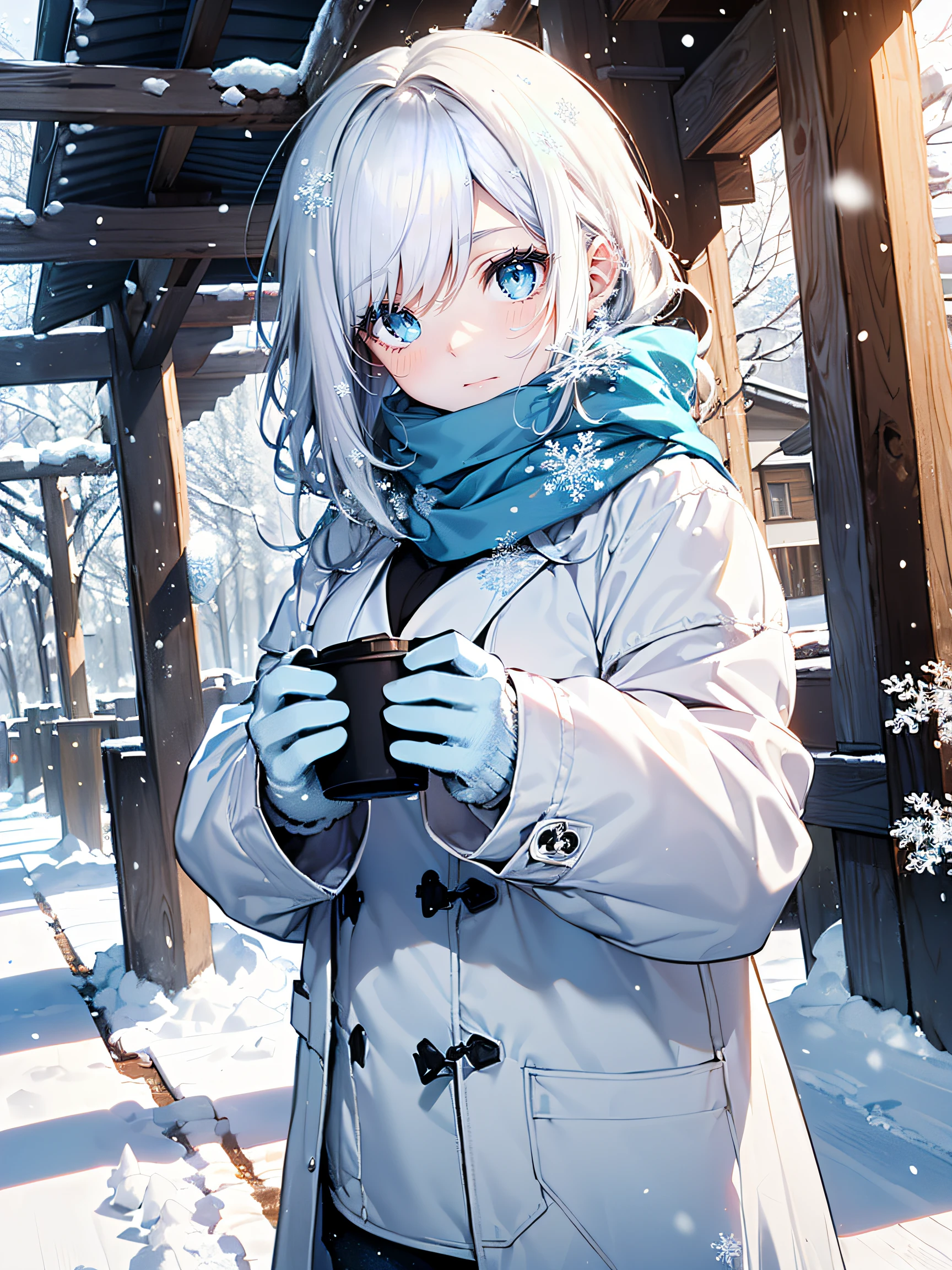 (Snow Girl:1.2), (snowflake white hair:1.4), ((Blue eyes, cold and beautiful):1.5), ((White coat, fluffy and warm):1.2), (blue scarf:1.3), (Snow boots:1.3), (snowman:1.2)