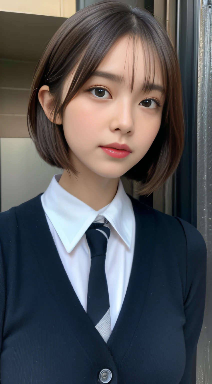 Highest quality、Figures、Taking a selfie with a smartphone、I can see my smartphone、One people、Cute Girls、sexly、Slender、Navy blue tie、White shirt、Green exy very detailed、Fine details、Slim Body、Slender、Japanese Girls２people、High resolution、8k、wallpaper、Perfect dynamic composition、Beautiful fine details、Short Bob Hair、Big natural color lip、大胆なsexlyポーズ、smile、Cold Stare、18 year old girl、Cute、Lolita、Good eyesight、whole body、Light blue wall、smile、