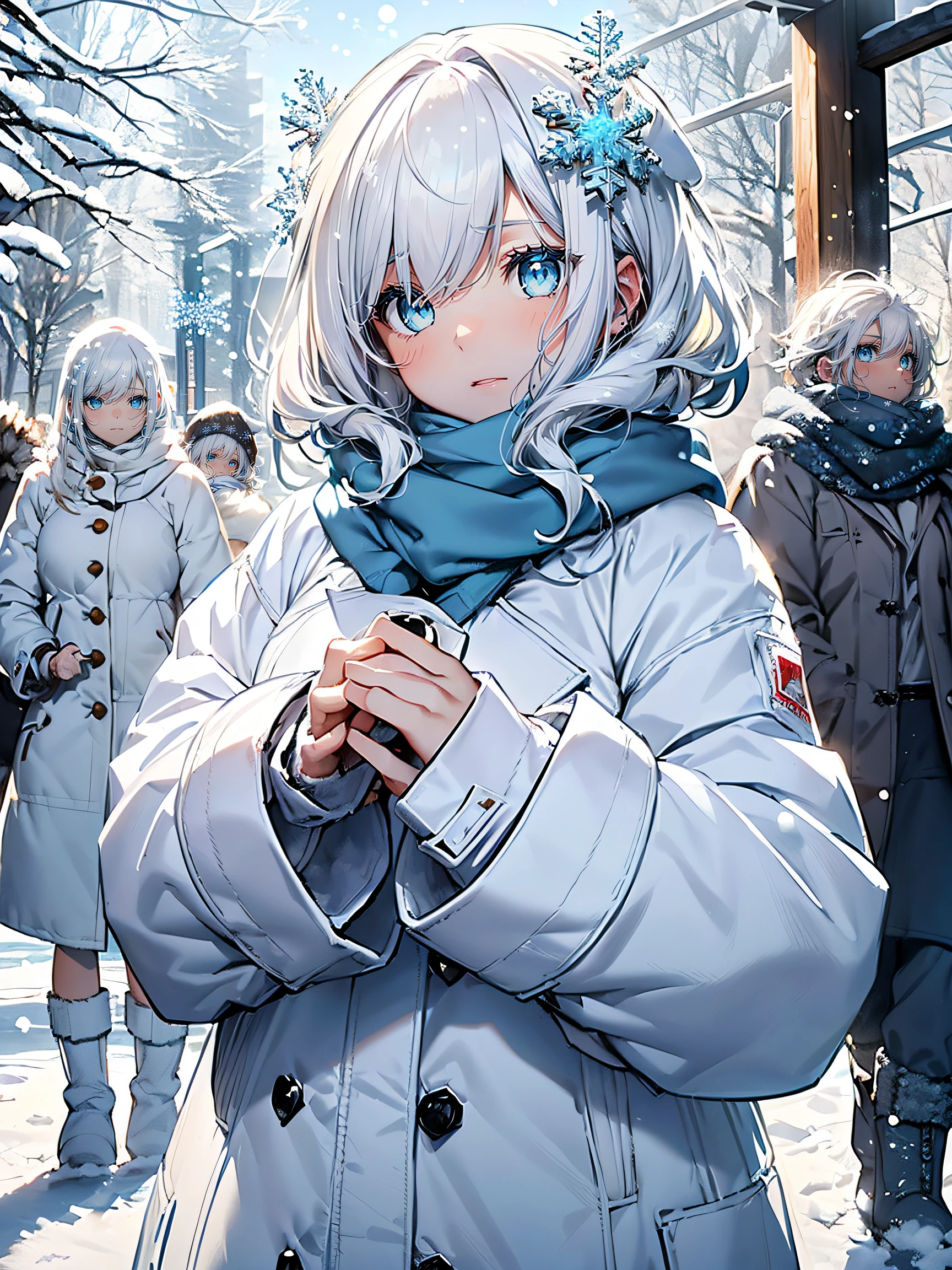 (Snow Girl:1.2), (snowflake white hair:1.4), ((Blue eyes, cold and beautiful):1.5), ((White coat, fluffy and warm):1.2), (blue scarf:1.3), (Snow boots:1.3), (snowman:1.2)