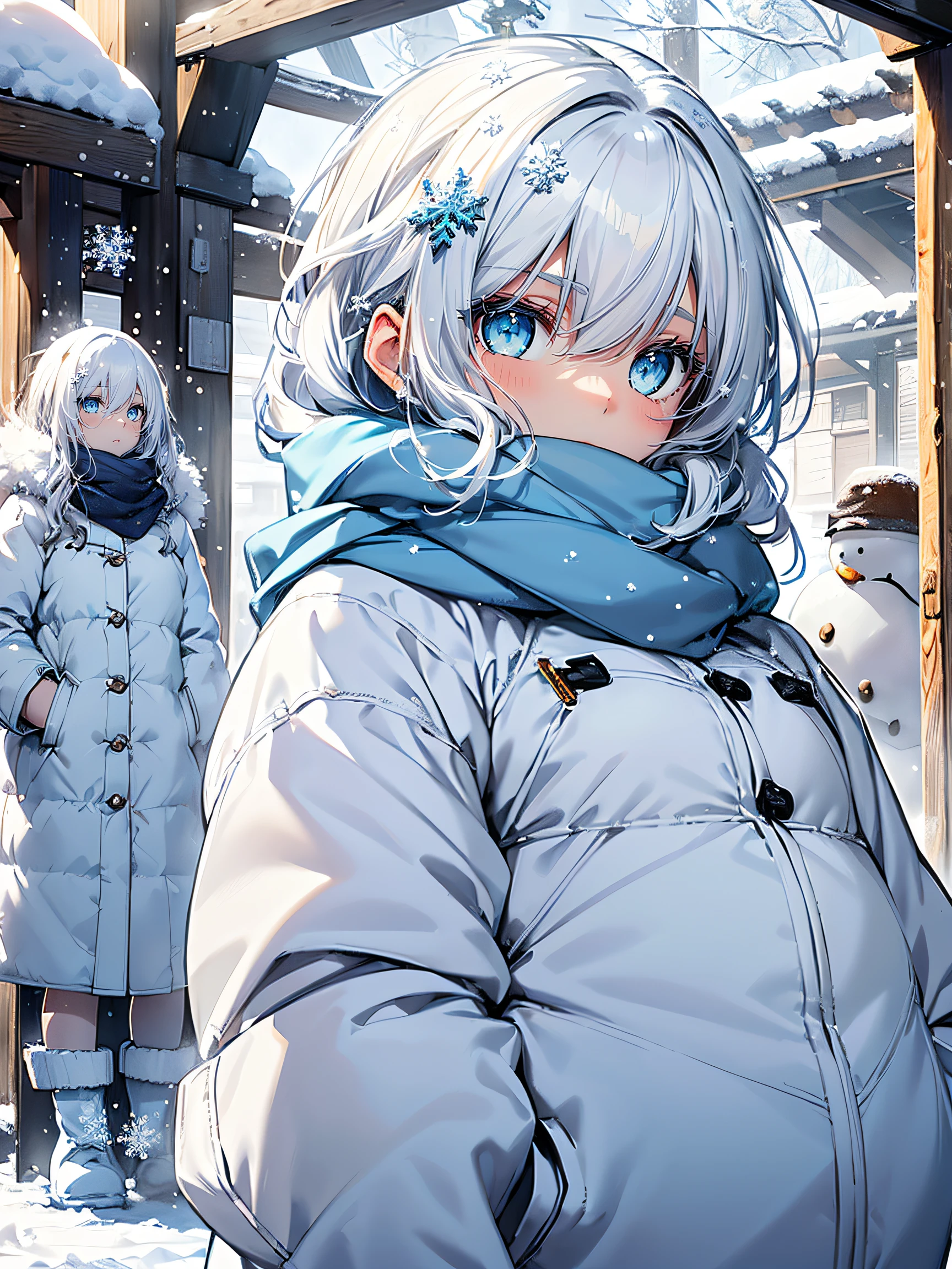 (Snow Girl:1.2), (snowflake white hair:1.4), ((Blue eyes, cold and beautiful):1.5), ((White coat, fluffy and warm):1.2), (blue scarf:1.3), (Snow boots:1.3), (snowman:1.2)