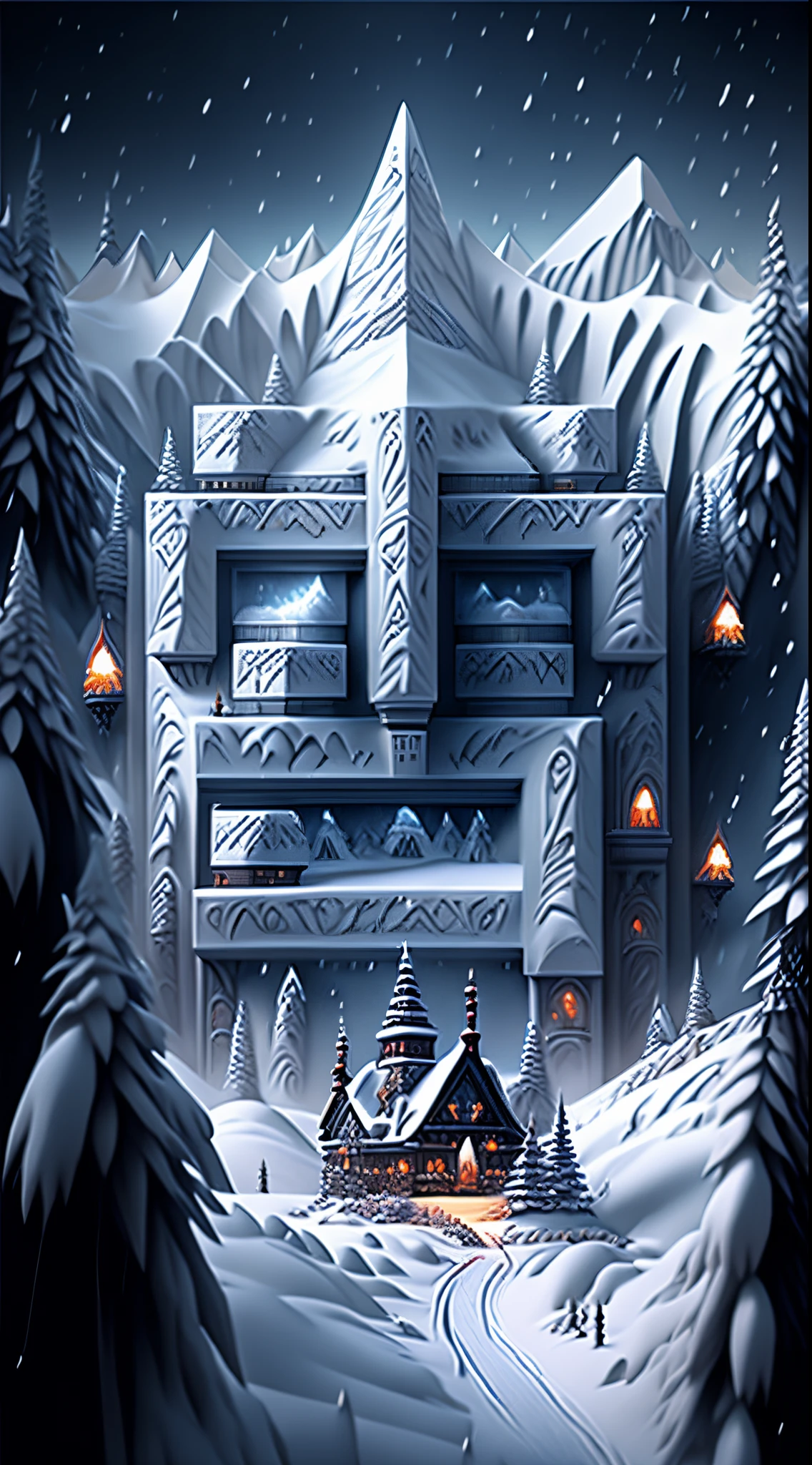 (Huge snowy mountains),(Blizzarding),Fantasyart,Surreal,,the ultra-detailed,