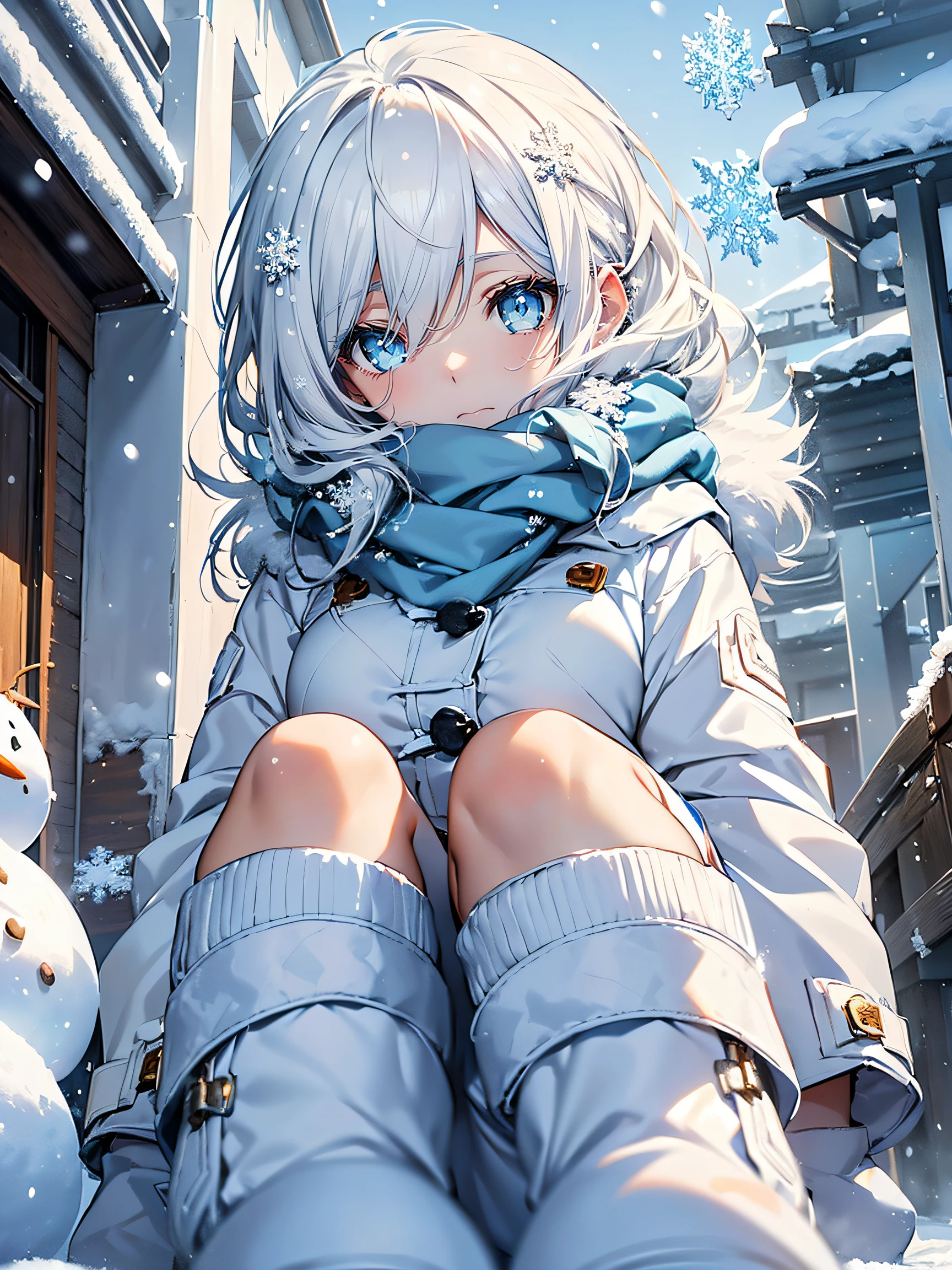 (Snow Girl:1.2), (snowflake white hair:1.4), ((Blue eyes, cold and beautiful):1.5), ((White coat, fluffy and warm):1.2), (blue scarf:1.3), (Snow boots:1.3), (snowman:1.2)