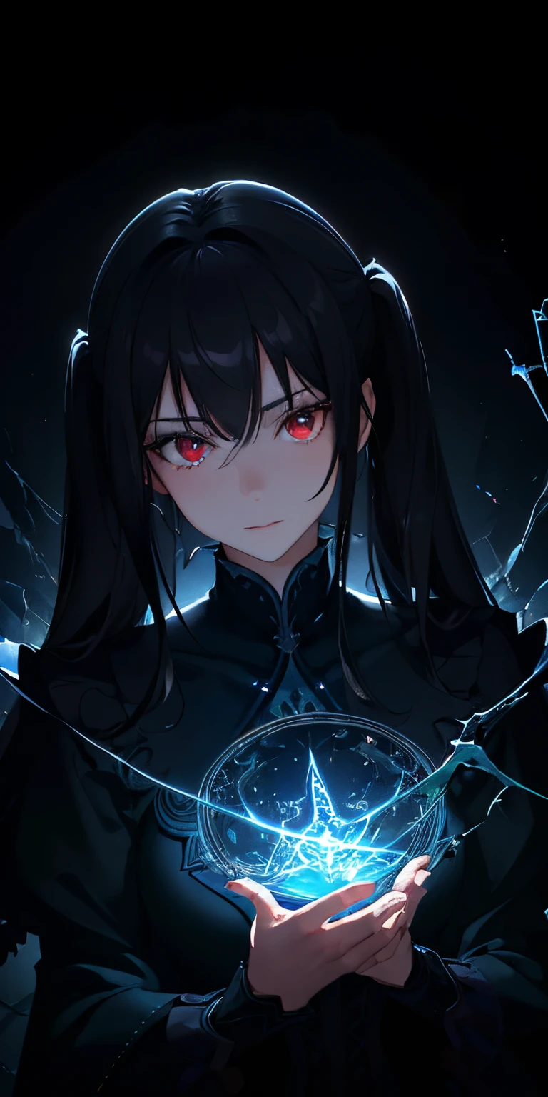 (masterpiece, best quality, ultra-detailed, best shadow), (detailed background,dark fantasy), (beautiful detailed face), high contrast, (best illumination, an extremely delicate and beautiful), ((cinematic light)), colorful, hyper detail, dramatic light, intricate details, (1 girl, solo,black hair, sharp face,low twintails,red eyes, hair between eyes,dynamic angle), blood splatter, swirling black light around the character, depth of field,black light particles,(broken glass),magic circle,