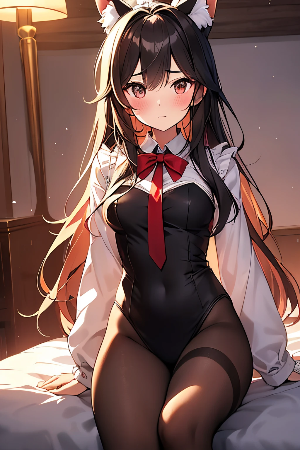 ((2D Beautiful Girl、top-quality: 1.2、perfect fingers: 1.2、perfect anatomia: 1.1、Perfect outfit、face perfect: 1.1、Beautiful illustration))、(Transformation Sequence)、ars、Solio、A Princess、Fractal Art、a babytright long hair))、(Slurry legs)、Large sagging eyes:1.1、(1人)、red blush、uptight、Canine ears、dress room、maid style tops、leotard、A dark-haired、