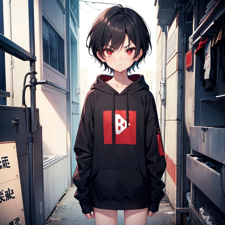 Boy,, body, Slim body, black hair, Short hair, red eyes, looks like a girl, Pouting, Oversized hoodie