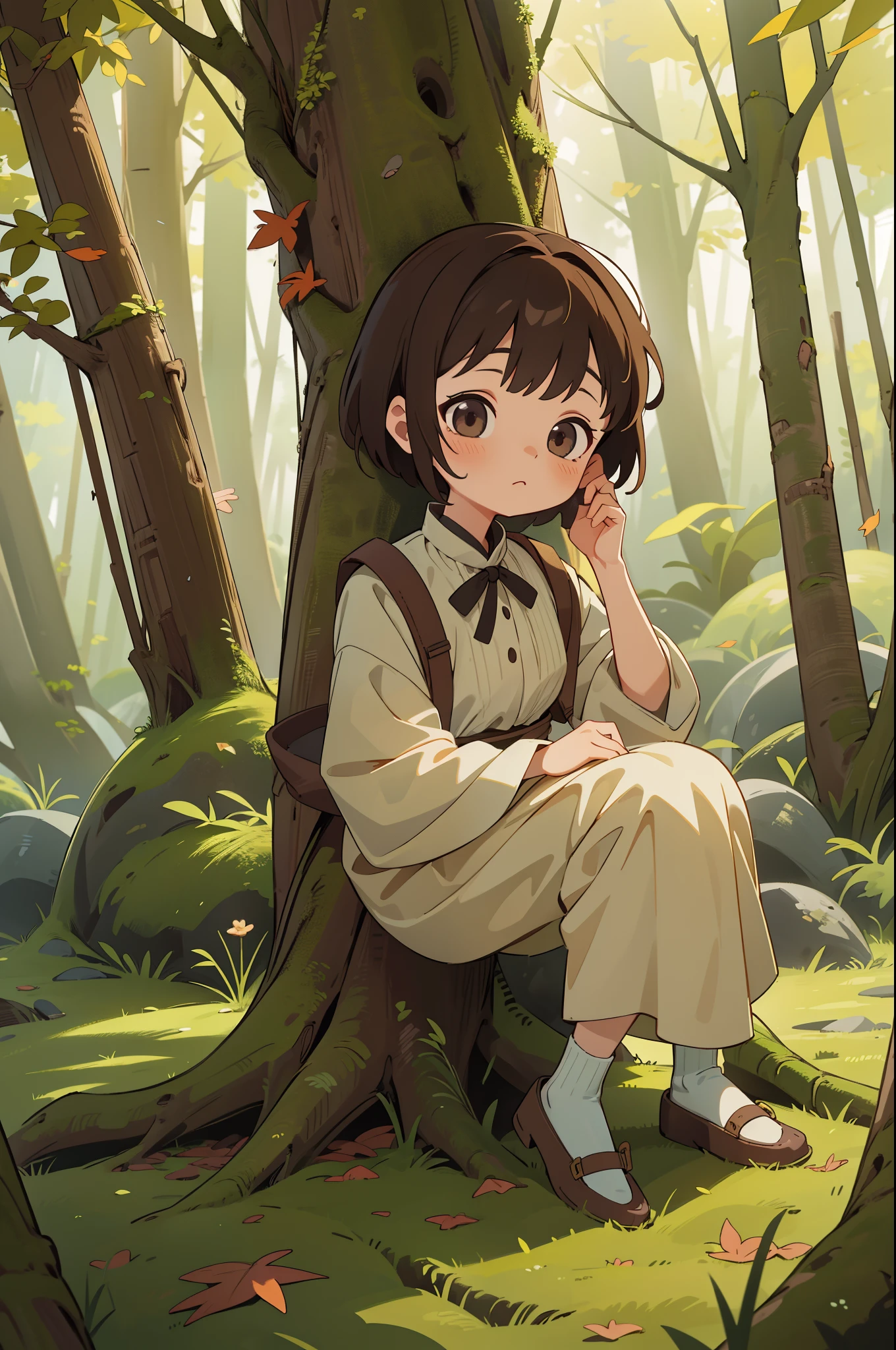 girl, Surreal art、masuter piece、独奏、Little woman、short-cut、Natural color clothing、Natural look、top-quality、ultra-detailliert、High quality detailing、８ｋ、Colored leaves:1.5、deep autumn forest、Tree leakage day、Silence