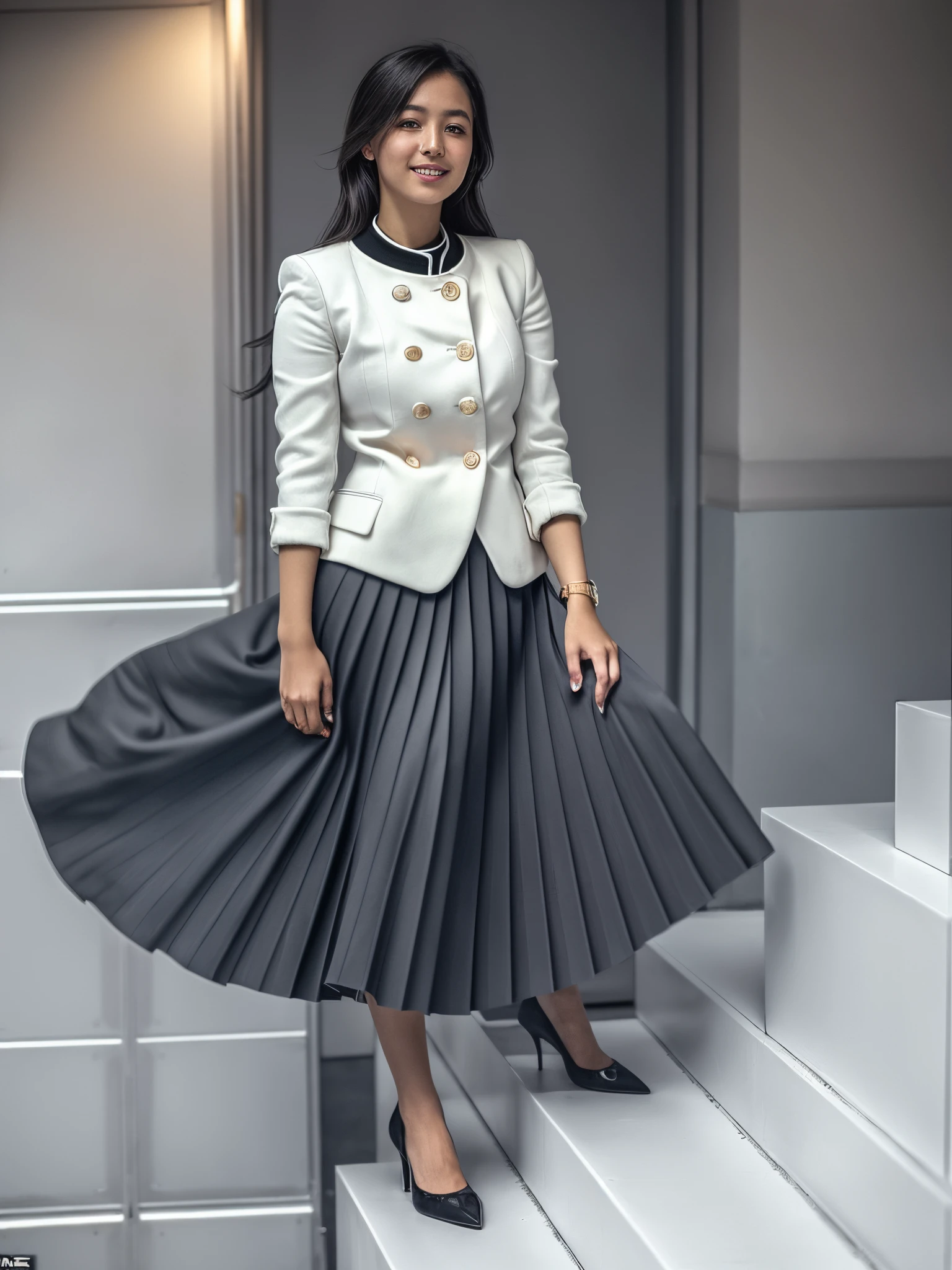 (shy:1,3) smiling woman playing with skirt, dancing, wearing short blazer and very very detailed (long (fully pleated) full circle skirt) and (simple) low heeled office shoes, very very intricate hyper-detailed symmetric (attractive graceful young feminine face) with (sad, tired eyes and a shy smile), large breasts, full of empathy and compassion and love, (pronounced (feminine) features), (highly detailed ultra accurate realistic) hands and fingers, (windy conditions and wind blowing), epic composition, highly detailed attributes, highly detailed space station background, (35mm f1.4 Kodak portra 400 photograph), extremely high quality RAW photograph,
