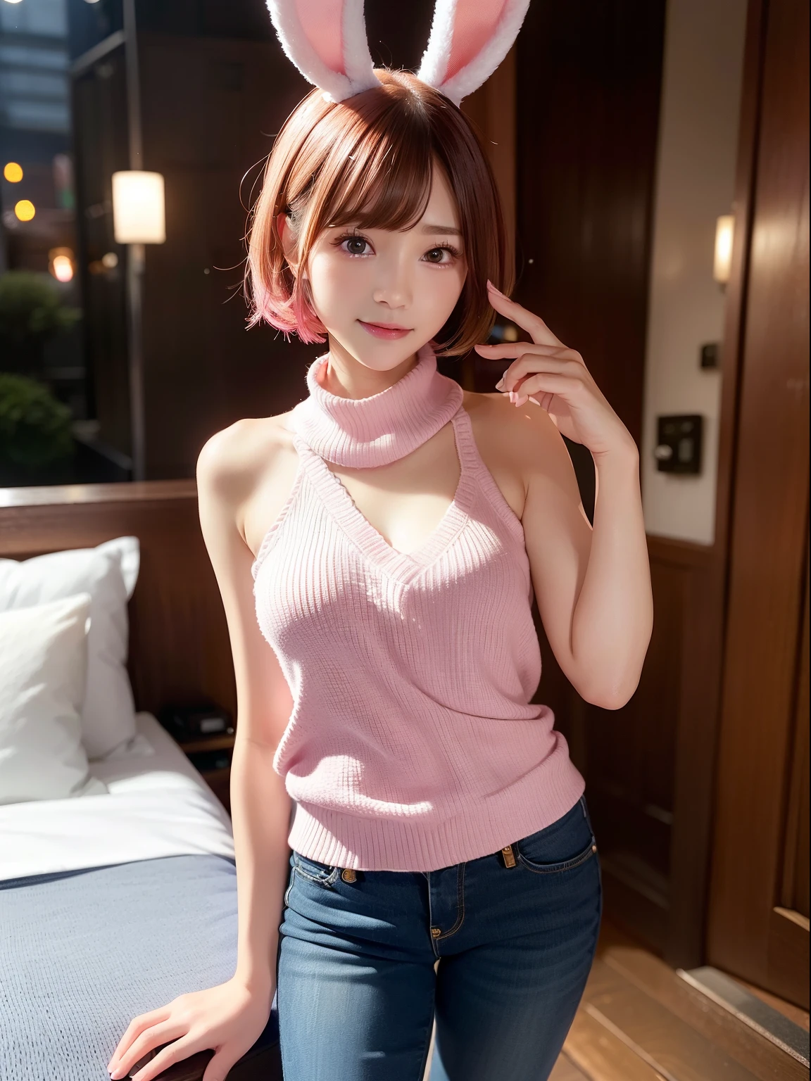 low angles、taken from the under、White knitted tops、White sweater、Night Hotel、guest room at night、Exposed shoulders、Wear jeans pants、wrap a knitted scarf around your neck、You can see cleavage、Nipple、Morning in the city、、The tattoo、fullnude、Pink short cut hair、fullnude(8K, top-quality, masterpiece:1.2), (realisitic, Photorealsitic:1.37)、cute little、独奏、(A smile:1.15)、(Mouth closed)、tiny chest、(short-hair:1.2)、masuter piece、Pink Shortcut Bob、Realistic rabbit ears、Pink realistic rabbit ears、Realistic ears of rabbits sticking out of the head、Pink hair、Beautiful girl in her 20s、Bewitching atmosphere、Beautiful shaped hands、K-POP、Pink rabbit ears、1 girl in、独奏、masterpiece、top-quality、realisitic、Hyper-detailing、absurderes、short pink hair、Slender beauties、动态照明、hight resolution、foco nítido、depth of fields、(thick thight:1.0)、A slender :1.2,((Short-cut bob hair))、((k pop:1.3)),Highly detailed facial and skin texture、((魅惑的)),Anatomically correct number of fingers,Correct anatomy