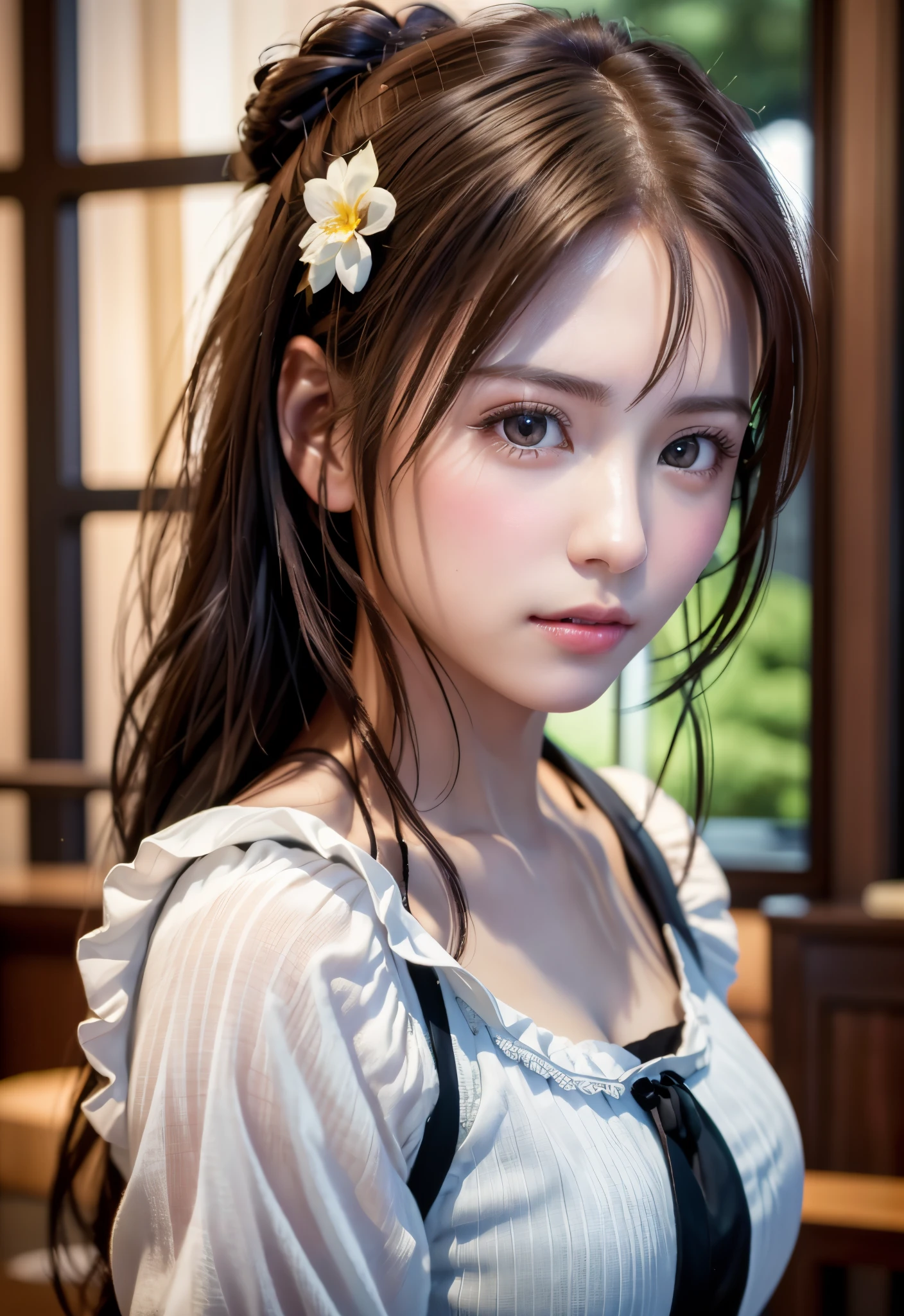 8K, of the highest quality, masutepiece:1.2), (Realistic, Photorealsitic:1.37), of the highest quality, masutepiece, Beautiful young woman, Pensive expression,、A charming、and an inviting look, Cute Maid Clothes, Hair tied back, Cinematic background, Light skin tone