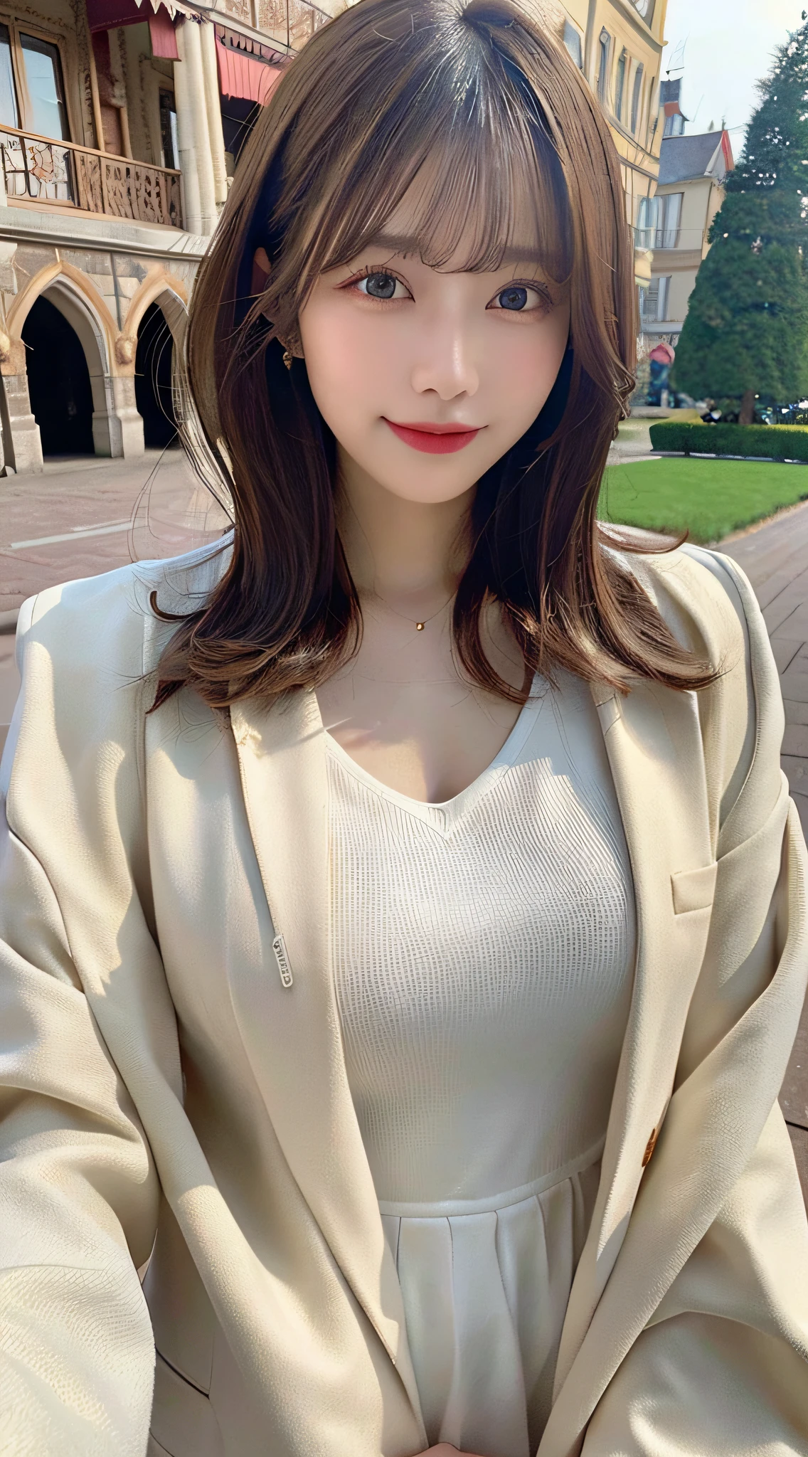 Best Quality, Real Stick, Ultra-detailed, finely detail, hight resolution, in 8K、Wallpaper, Perfect dynamic composition, Beautiful detailed eyes, Beige coat、white  shirt, Bob Hair, Medium Hair, Bangs, A dark-haired, mid-chest, Natural Color Lip, The orientation of the body is frontal,Smile,Tower Mansion