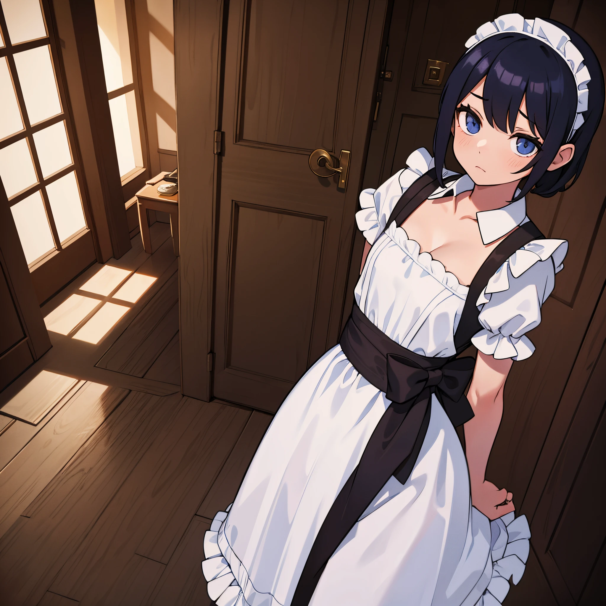 Only one girl, 1girl, wearing maid clothes, emotionless face, a body that has many scars, inside the mansion