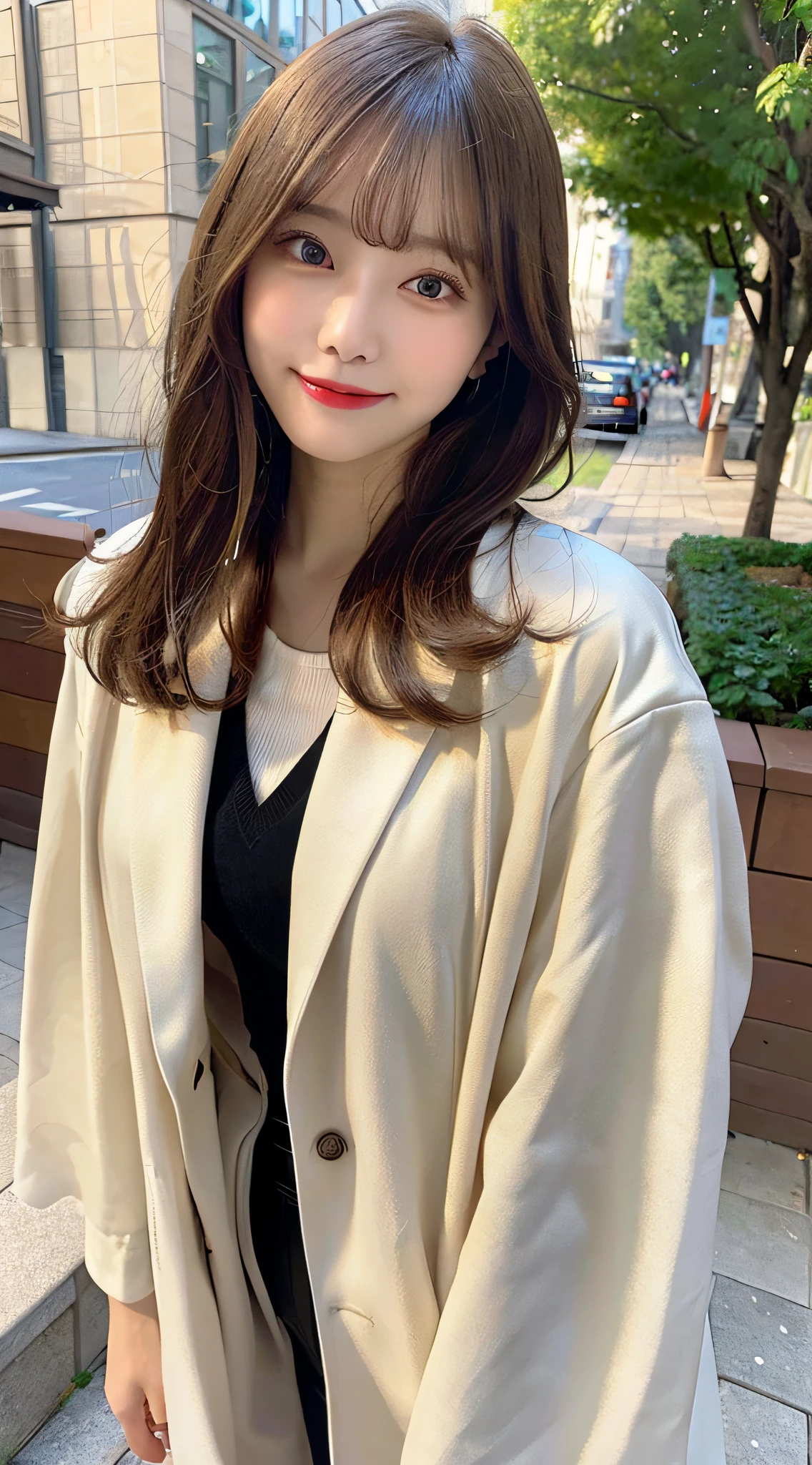 Best Quality, Real Stick, Ultra-detailed, finely detail, hight resolution, in 8K、Wallpaper, Perfect dynamic composition, Beautiful detailed eyes, Beige coat、white shirt, Bob Hair, Medium Hair, Bangs, A dark-haired, mid-chest, Natural Color Lip, The orientation of the body is frontal,Smile,Tower Mansion