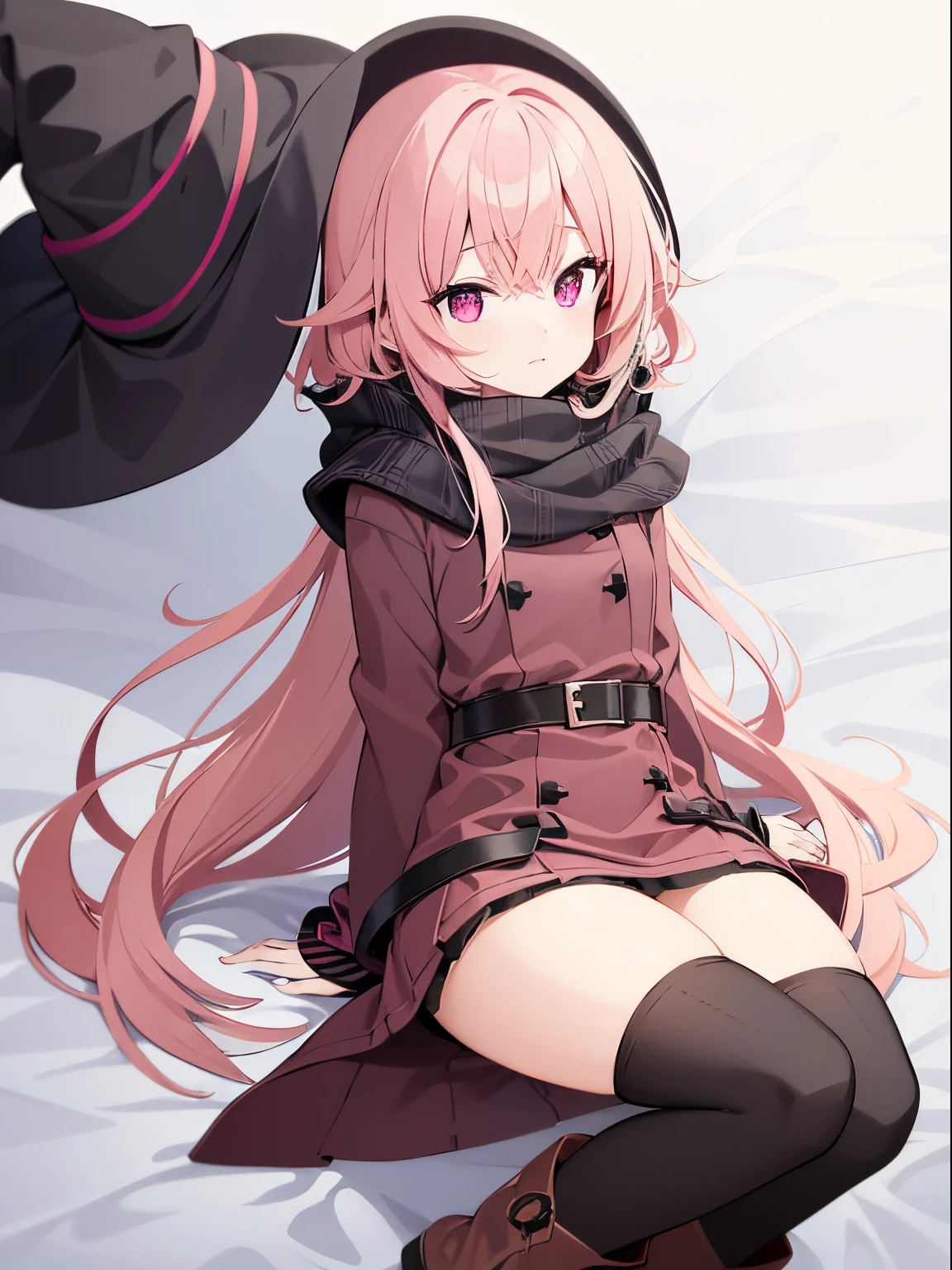 Pink hair, red eyes, thin brown witch clothes, no underwear, witch hat, pink scarf, brown boots, knee socks, short black miniskirt, no underwear