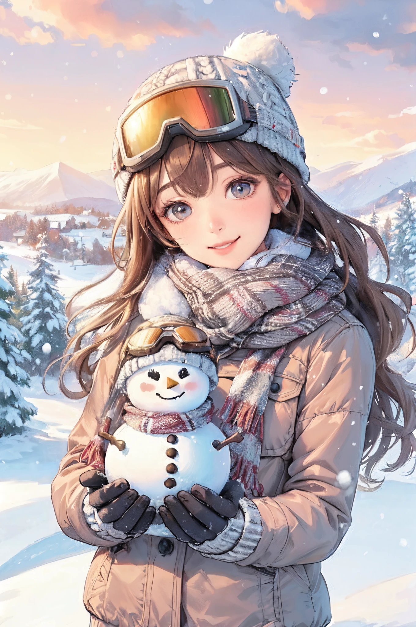 1lady standing, (ski wear, goggle) knit cap, /(stylish outfit/), mature female, /(light brown hair/) bangs, blush kind smile, (masterpiece best quality:1.2) delicate illustration ultra-detailed, large breast BREAK (holding a small snowman adorned with tiny ski goggles and a scarf ) BREAK (snow falling around her:1.2), ski resort outdoors