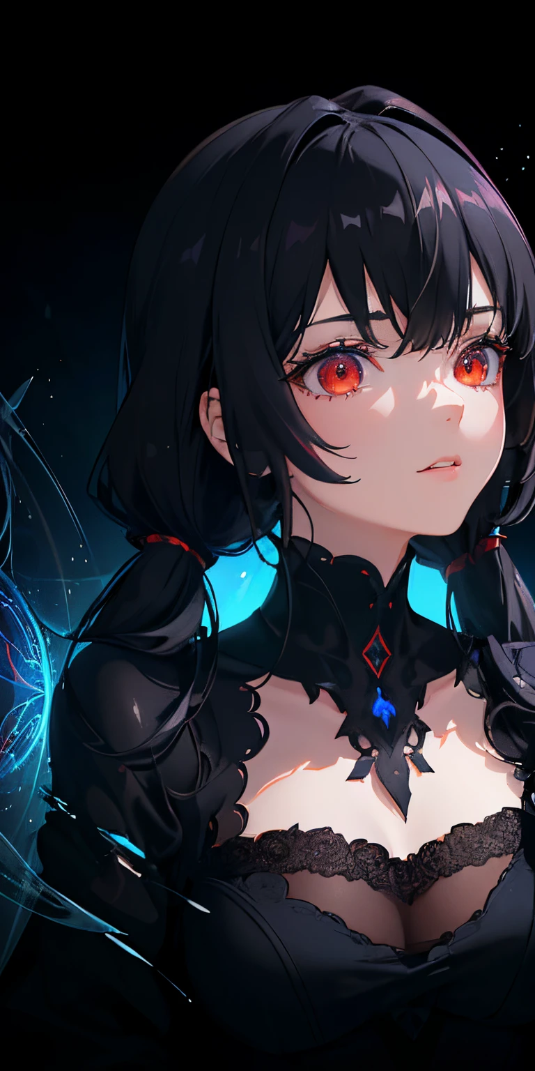 (masterpiece, best quality, ultra-detailed, best shadow), (detailed background,dark fantasy), (beautiful detailed face), high contrast, (best illumination, an extremely delicate and beautiful), ((cinematic light)), colorful, hyper detail, dramatic light, intricate details, (1 girl, solo,black hair, sharp face,low twintails,red eyes, hair between eyes,dynamic angle), blood splatter, swirling black light around the character, depth of field,black light particles,(broken glass),magic circle,