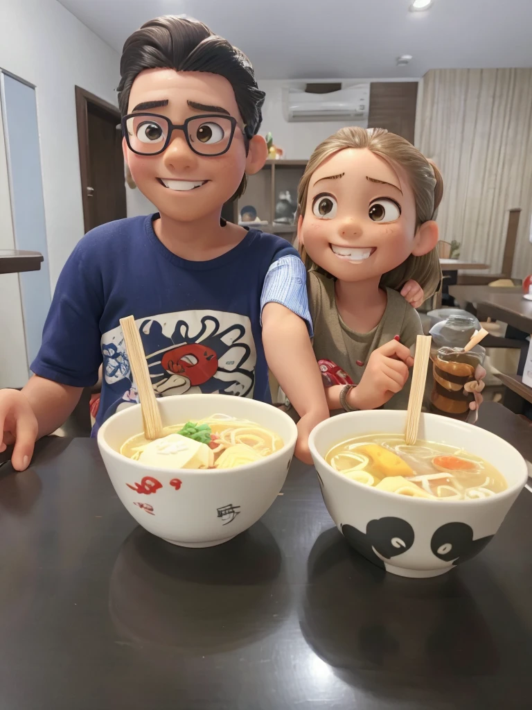 It will be a 9 year old boy, and an 8-year-old dark-haired girl, comiendo ramen, El fondo es un gran restaurante de comida japonesa., Smug expressions