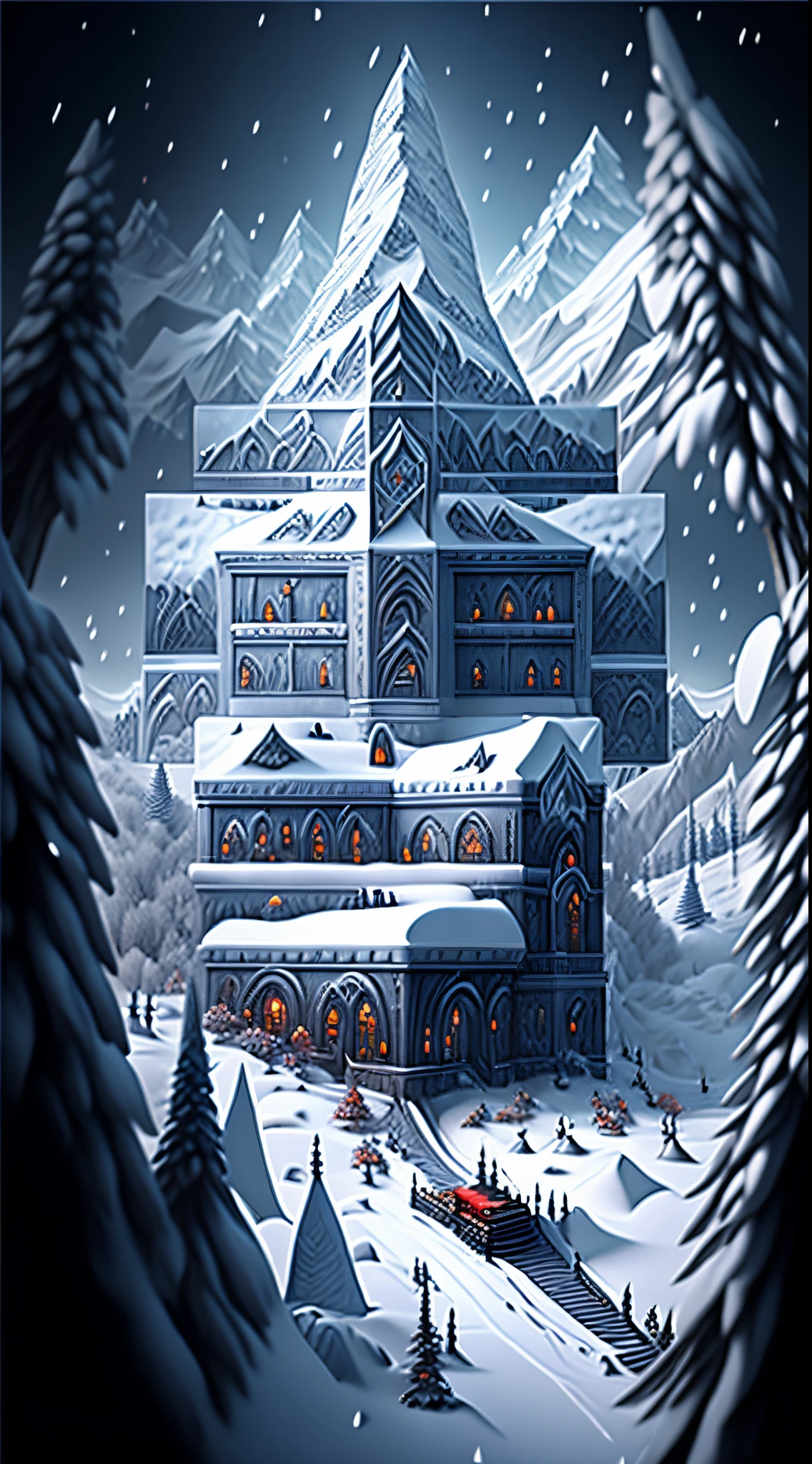 （Huge snowy mountains），（Blizzarding），Fantasyart，Surreal，,the ultra-detailed,
