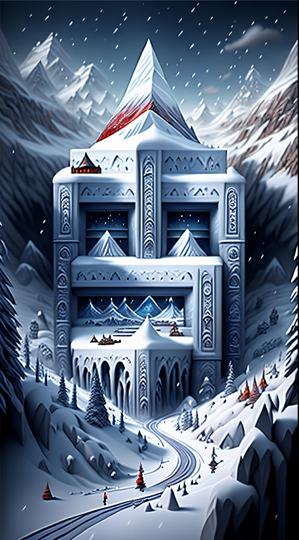 (Huge snowy mountains),(Blizzarding),Fantasyart,Surreal,,the ultra-detailed,