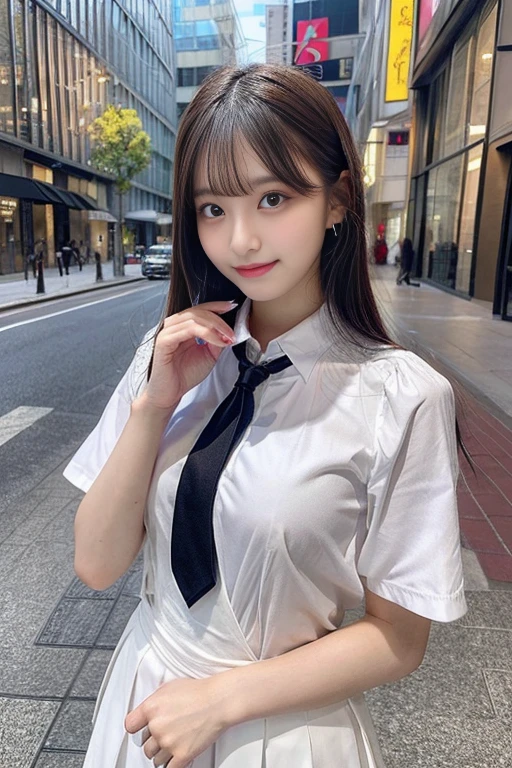 full body Esbian,Many piercings,bangss,top-quality,ultra-detailliert,masterpiece,realisitic,Photo Real,Bright lighting,1 girl in, (kawaii:1.2),Thin smile, (Brown eyes),(bangss),perfect glossy skin,flawless skin,large full breasts,((accurate hands without incongruity)), big breasts thin waist, Look at viewers,full body Esbian,校服,neck tie,Eye lashes,dual, girl,a baby face,Straight hair,