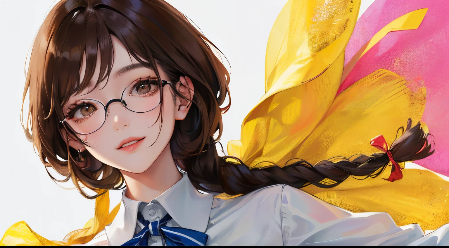 (((1人の女性)))、(Top resolution、Distinct_image) best qualtiy、(((Pop)))、1980s、(Pop and colorful background))、((illuminating))、ighly detailed、Semi-realistic、Brown hair、((makeups)),Braided hairstyle、A smile、Cell Frame Glasses、bangss、20yr old、年轻、((white  shirt))、delicated facial features、Facial features、View from below