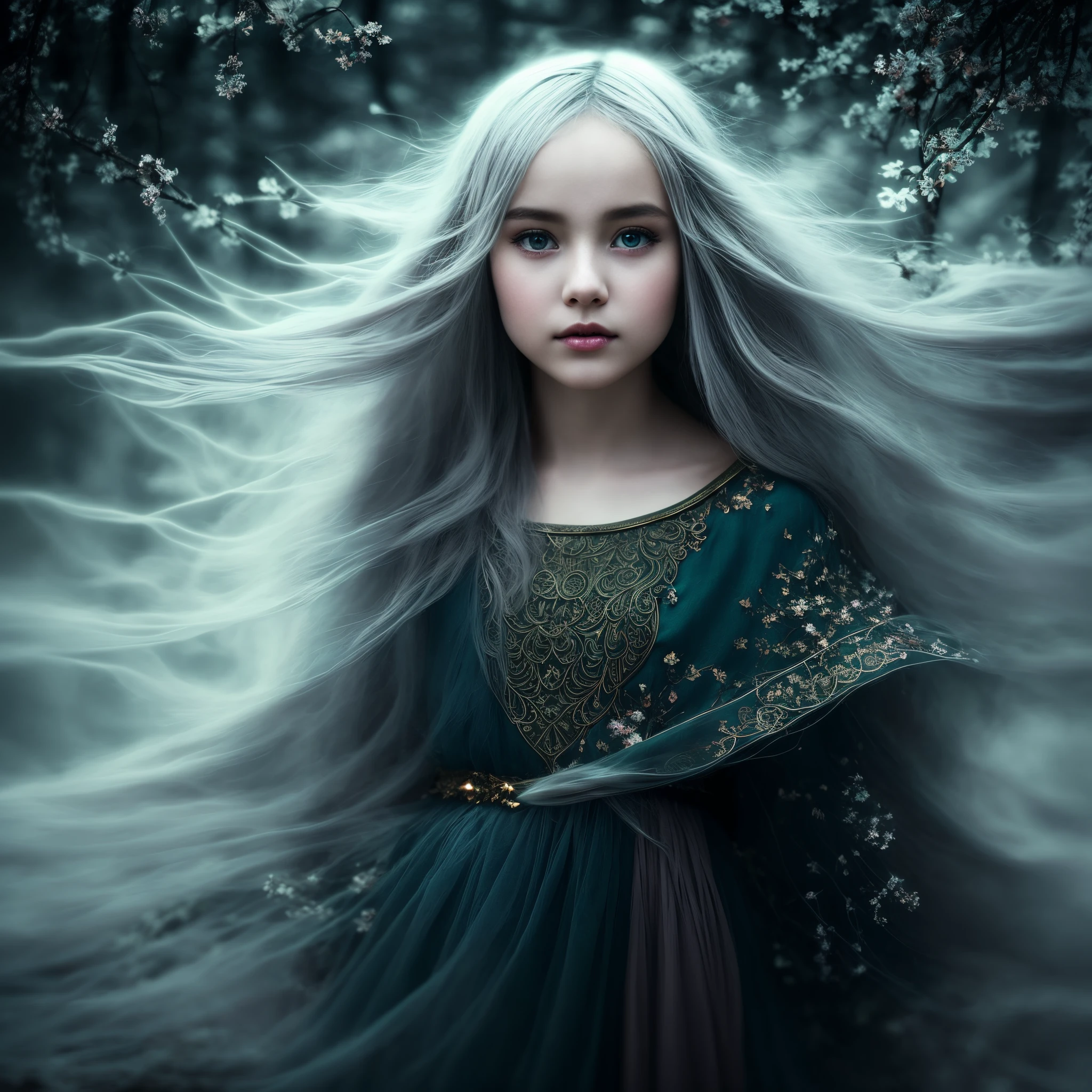 In a mysterious and enchanting realm, a murky fog envelopes the scene, as if concealing something profound. Amidst this fog, a figure emerges, a young girl with flowing silver hair and eyes that glimmer with an otherworldly luminescence. The image captures her delicate yet powerful presence, her ethereal beauty contrasting with the darkness that surrounds her. The misty atmosphere adds to the enigmatic and dreamlike quality of the artwork, giving it an almost surreal feel. The painting, skillfully executed, showcases intricate details and vibrant colors that bring the scene to life. It invites us to delve into the bewitching world of this anime, where memories are shrouded in layers of uncertainty, waiting to be unraveled.