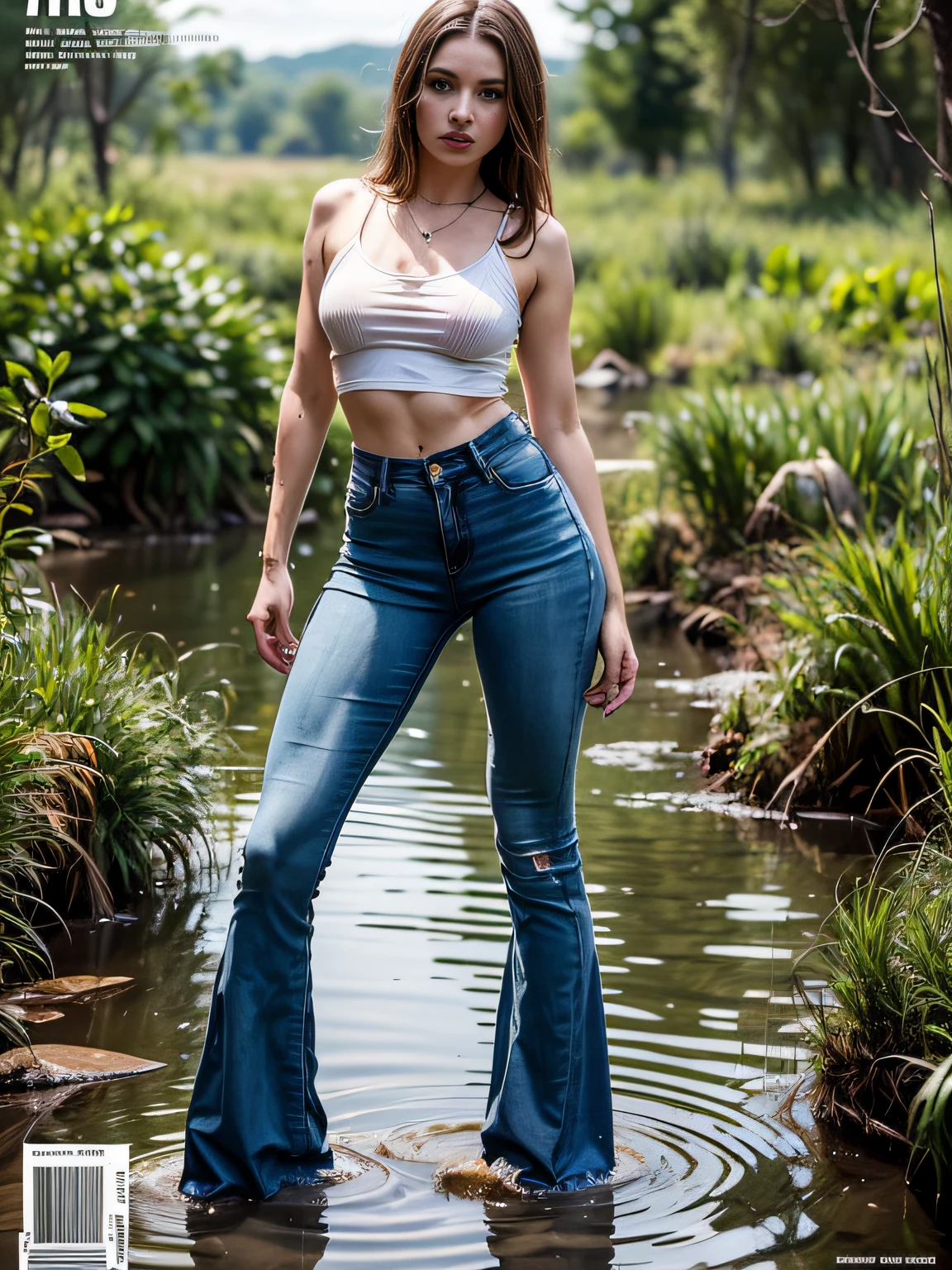magazine cover, 70'style of:1.3, with the image of a vicious woman, (Flares on fitted jeans:1.1), drowning, I'I'I'I'm standing and drowning in a dirty swamp:1.2, Completely Body, Soaking wet clothes, Attention-grabbing , heading, stylish, font, memorable, heading, big, Sensation,Aesthetic work of art,
