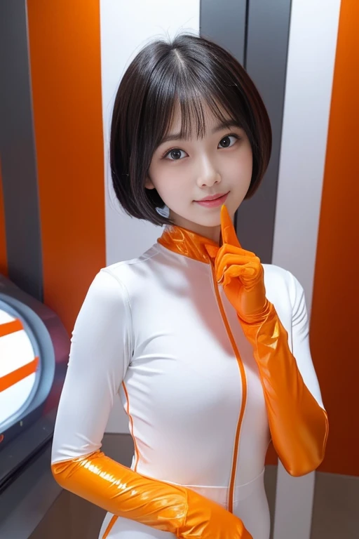 (put index finger on jaw, bend index finger, shiny rubber suit, stare at viewer, leaning forward, 1 girl, looking at viewer, from front, facing straight at viewer, orange and white clothes, white gloves, futuristic space suit, inside spaceship room), smile, upper body, body suit, mini pencil skirt, high neck clothes, hide the neck, drooping eyes, head tilt, masterpiece, best quality, an extremely cute girl, 20 years old, girl, black hair, middle short hair, orange lines on both sides of the clothes