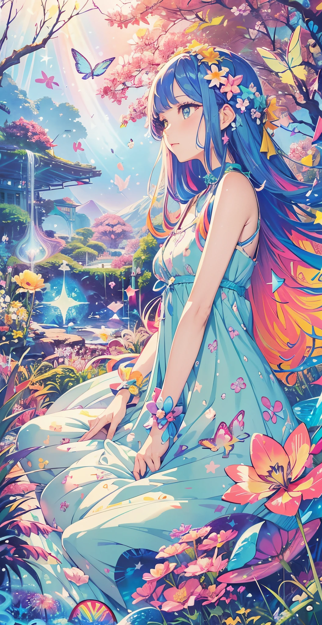 Melody Mark,top-quality、masutepiece、1womanl、独奏、(abstract art:1.6),(Psychedelia Theme:1.6),(Gunjo World:1.5),(Marine:1.5),(Blue World:1.5),(At the center of the world is the most beautiful woman in the world),(many stars are falling:1.3),A ray of light spreads,Crystals spreading from the center,prisma(Nostalgic landscapes:1.5),(colorful flower:1.3),Garden Girl,gentle sunlight,Soft breeze,Delicate flowers,A rainbow-colored butterfly flaps its wings,Mesmerizing natural beauty,Fragments of Shining Stars,ice crystal,