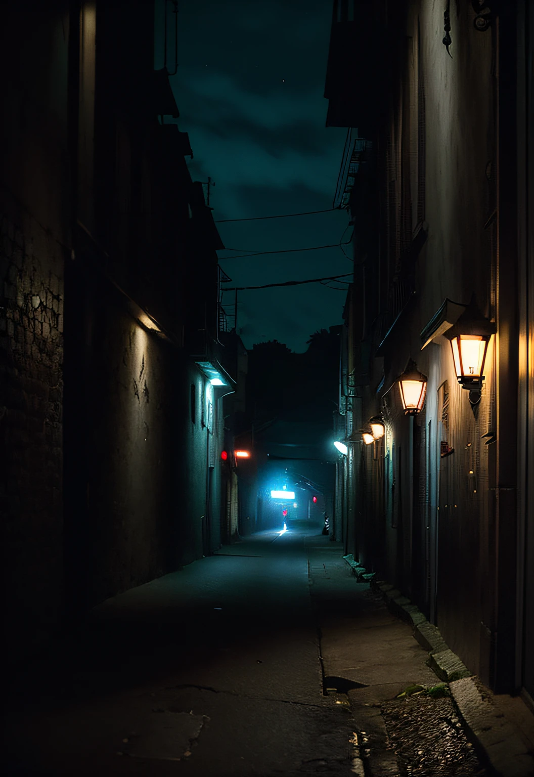dark alley at night:1.3, luzes urbanas intensas no fundo, esquema de cores vermelho e azul:1.3)
(Estilo: ((master part:1.5)), (rosto detalhado), photo-realistic:1.3, hiper-realista, filmic grain, realistic lighting