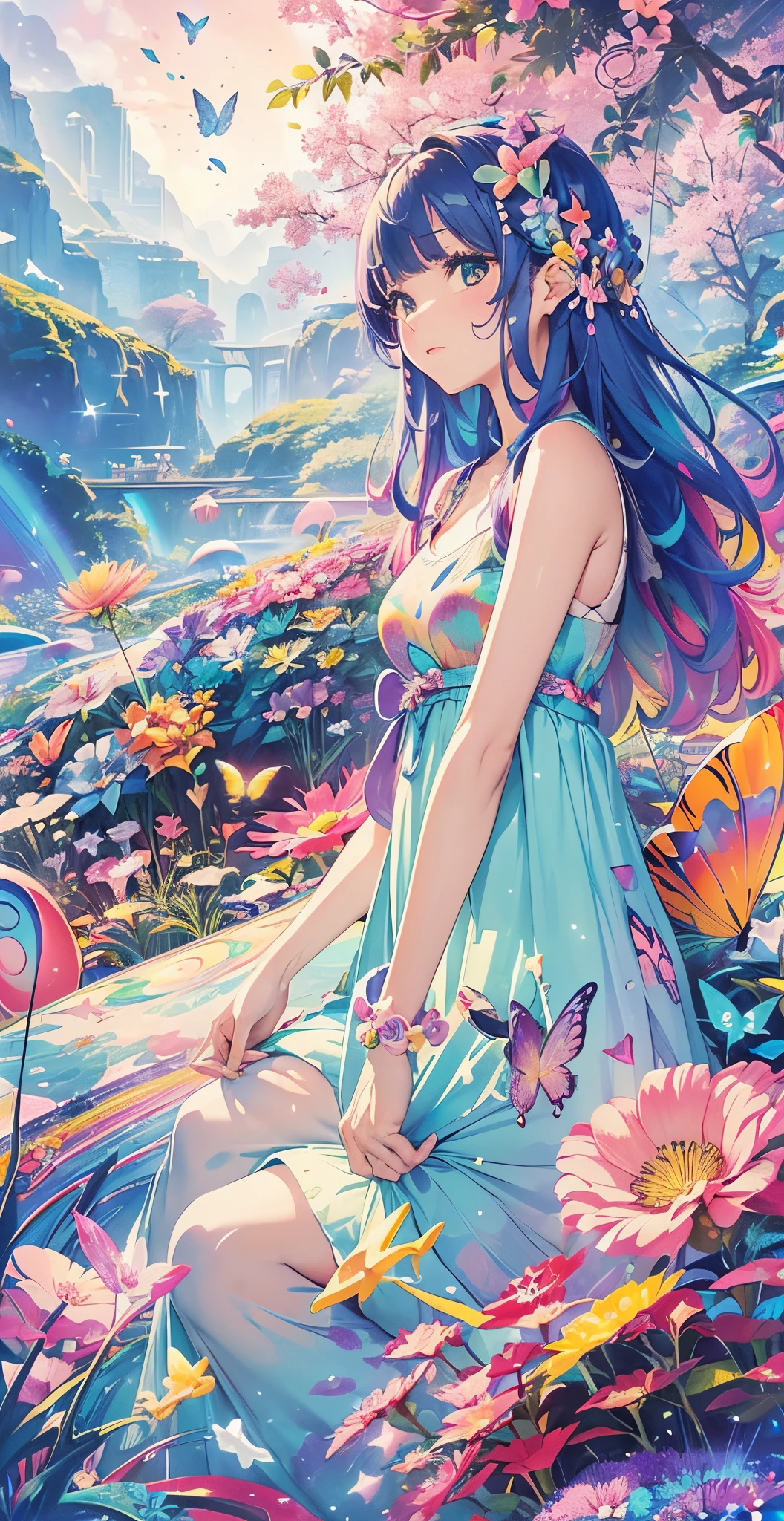 Melody Mark,top-quality、masutepiece、1womanl、独奏、(abstract  art:1.6),(Psychedelia Theme:1.6),(Gunjo World:1.5),(Marine:1.5),(Blue World:1.5),(At the center of the world is the most beautiful woman in the world),(many stars are falling:1.3),A ray of light spreads,Crystals spreading from the center,prisma(Nostalgic landscapes:1.5),(colorful flower:1.3),Garden Girl,gentle sunlight,Soft breeze,Delicate flowers,A rainbow-colored butterfly flaps its wings,Mesmerizing natural beauty,Fragments of Shining Stars,ice crystal,