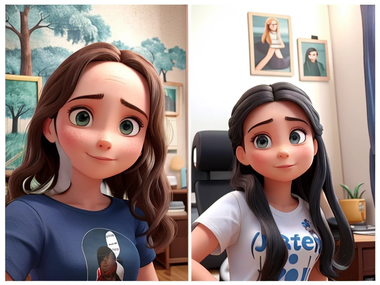 tem duas fotografias de uma mulher com cabelo comprido e com aparecia de 30 anos ,a da esquerda com uma blusa preta e a da direita com blusa branca, the one on the left is in a place with trees and the one on the right is in a white room with two paintings behind.