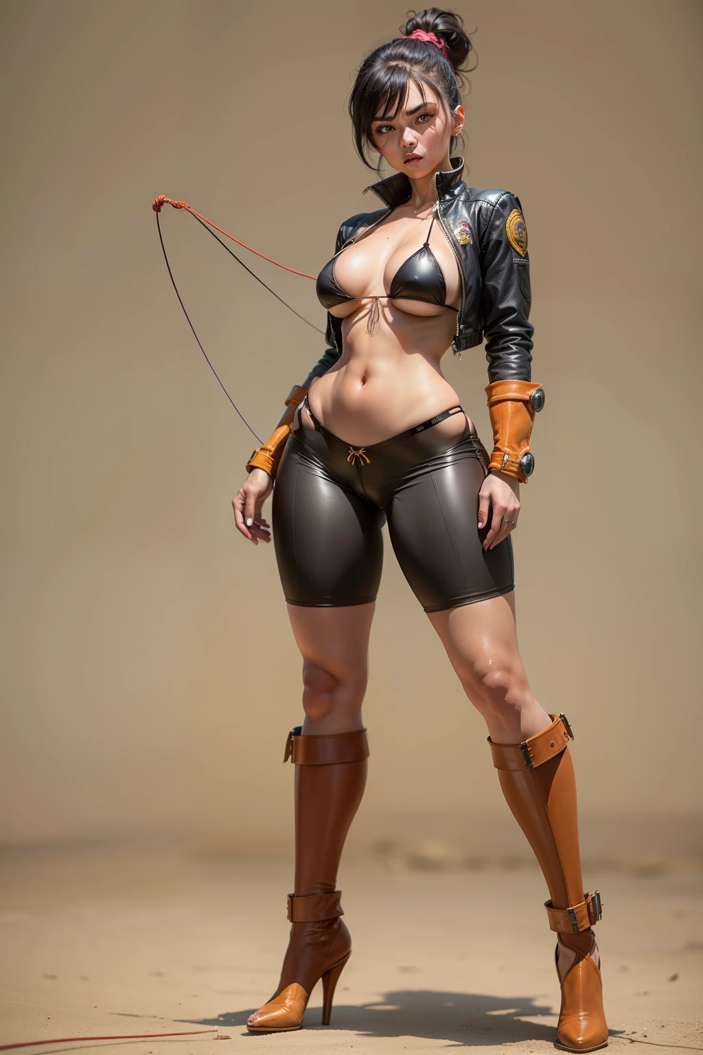 A imagem retrata juri, o personagem de Street Fighter, wearing her iconic classic look. (She is dressed in a tight suit, cabelo liso com mecha branca, ((micro string bikini micro)), Botas , Longas : 1.2), highlighting your beautiful body and highlighting your physical strength. His face is extremely beautiful, with delicate and expressive features. The image was captured in incredible 8K using the Canon EOS R6, resulting in maximum quality and sharp details. Every aspect of the image is a true masterpiece, highlighting the dedication to detail and artistry behind this jury representation.