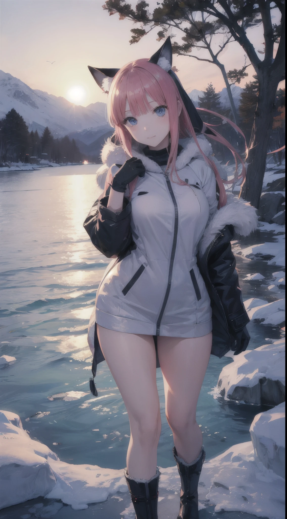 Nino Nakano, pose sexy, armadura blanca con abrigo,lago de hielo noche,lobos